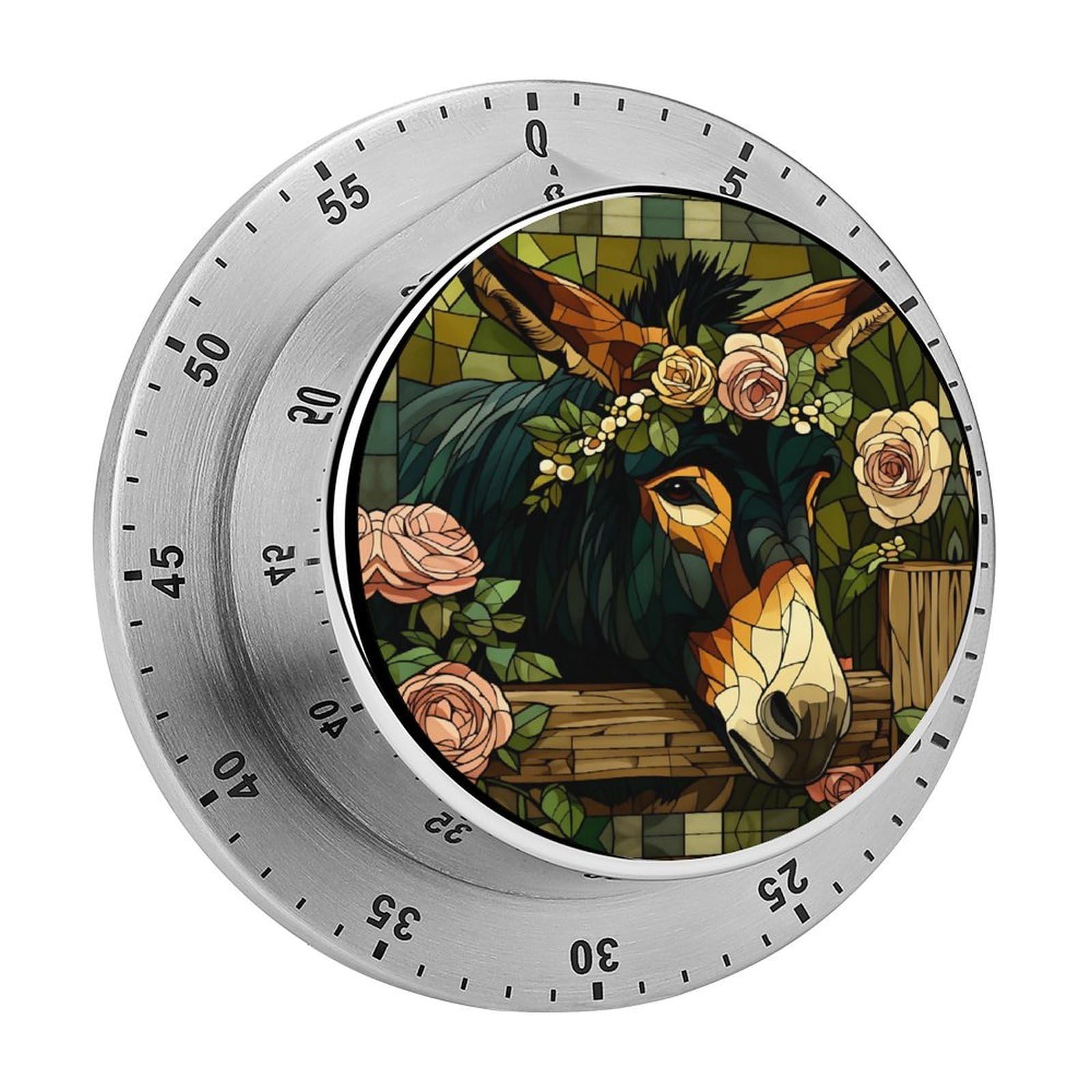 Donkey Stained Glass Rose Floral 60 Minute Wind Up Timer,Visual Mechanical Magnetic Timer with Loud Alarm for Kitchen