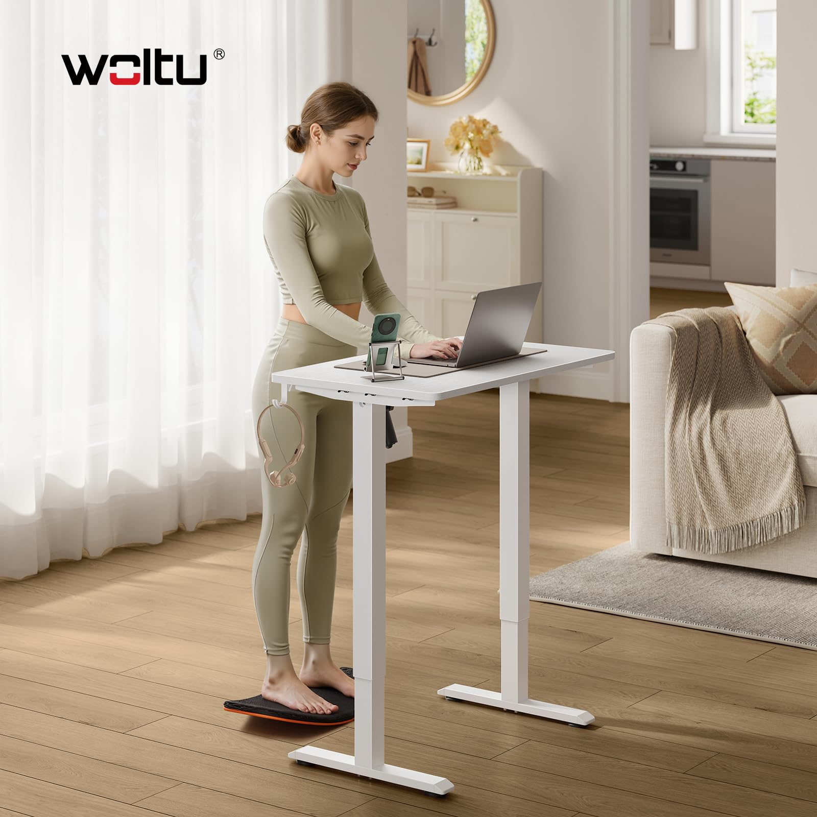 WOLTU Bureau Assis Debout, Bureau Réglable en Hauteur Électrique, 72-118 cm, avec 3 Hauteurs de Mémoire, Réglage en Continu, 2 Crochets, pour Travail à Domicile et Ordinateur, 80x48 cm, Blanc