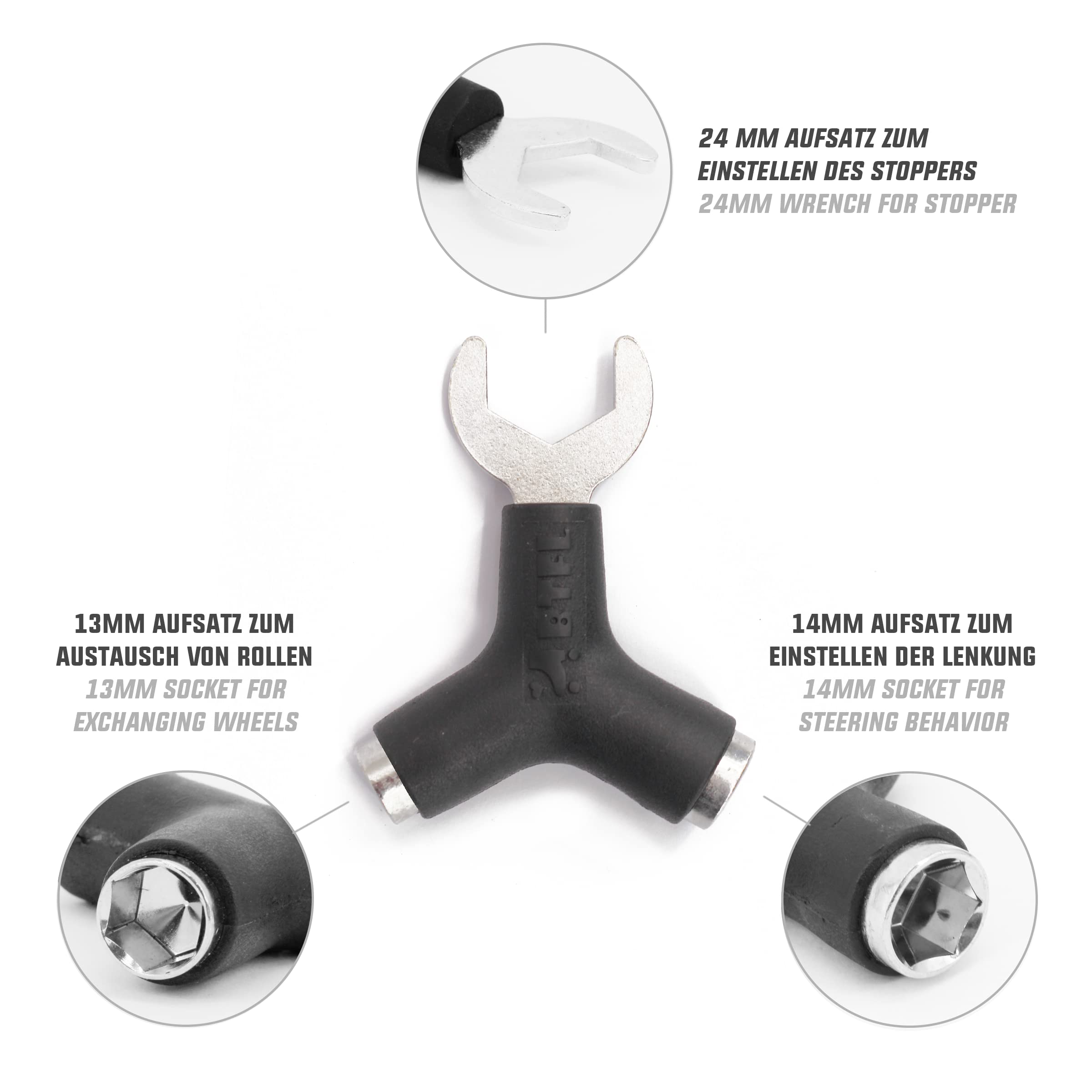 BTFL Rollschuh Skate Tool, Y-Tool mit genormten Komponenten für alle Rollschuhe, Multitool Werkzeug für Wheels, King Pin und Stopper, Multifunktionswerkzeug Sechskantschlüssel