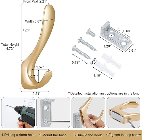 Miniatura 2 de Ganchos dorados para abrigos montados en la pared, paquete de 4 ganchos de pared dorados para colgar abrigos, sombreros, bolsos, ganchos de toalla