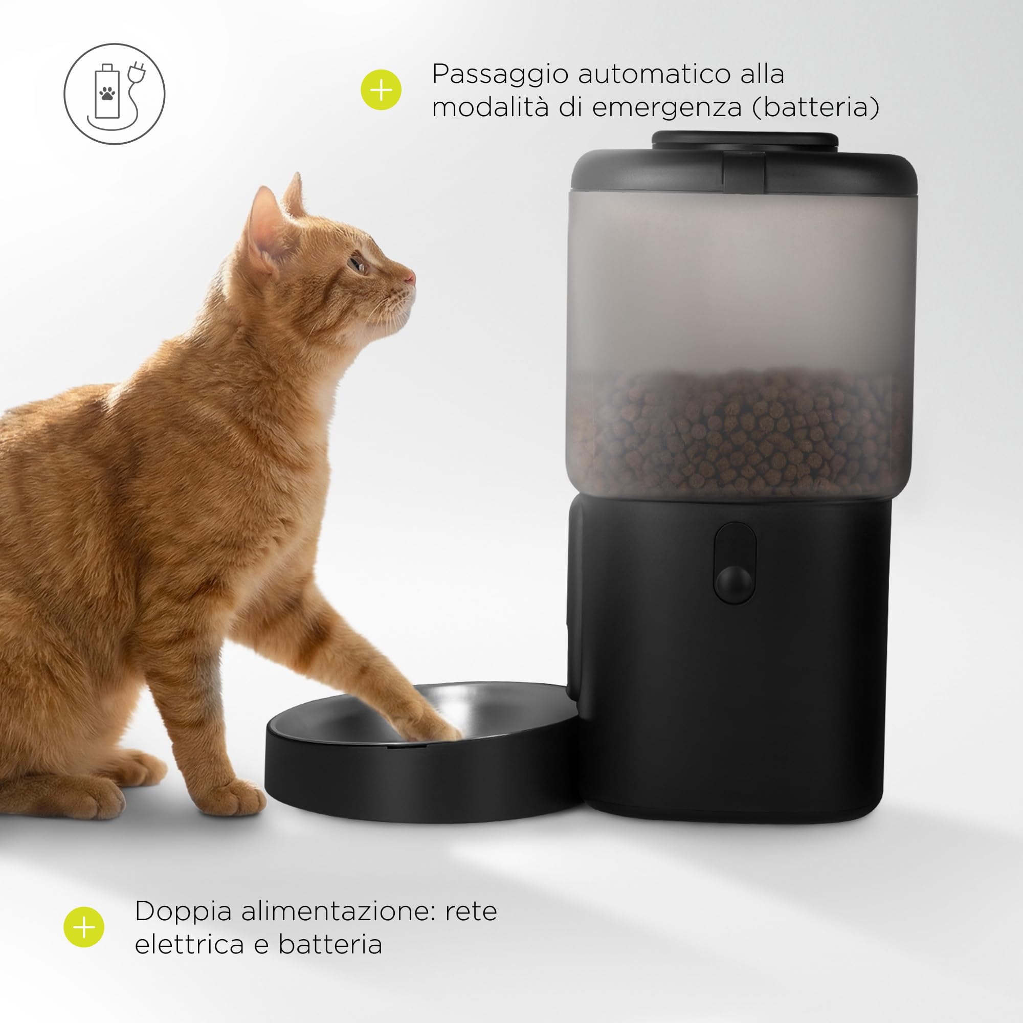 CRISPY WI-FI Distributore Automatico Cibo Gatti e Cani WiFi con App, 4,5 L, Programmabile Timer e Porzioni, Registrazione Vocale, Ciotola in Acciaio Inox, Cavo e Batterie, Cavo 2,5 m (Nero) | Per Cani e Gatti, App, Timer e Porzioni Programmabili, Registra