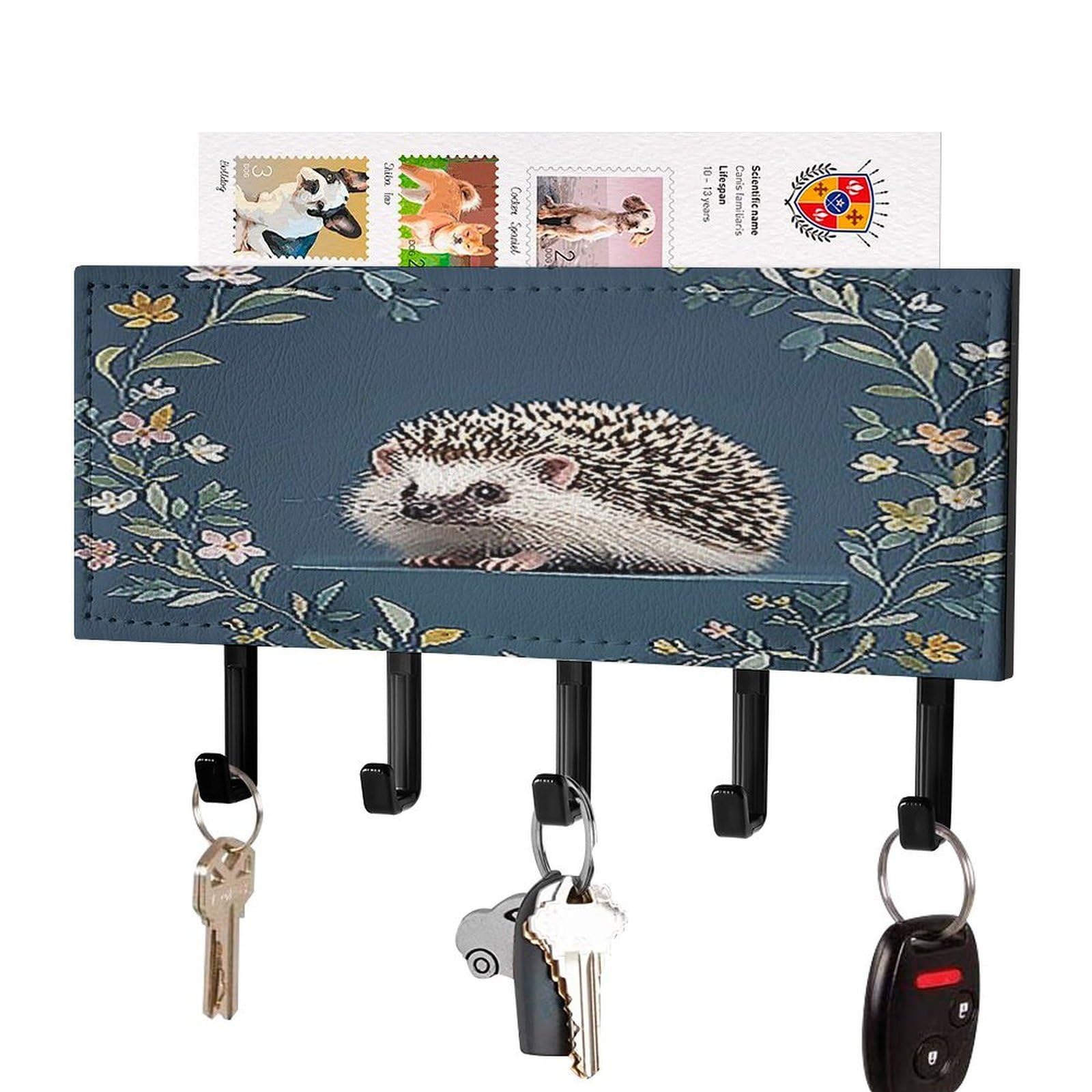Fekiloot Black-Style Cute Little Hedgehog Key Holder Wall Mount Key Hanger With 5 Hooks Decorative Key Rack Hanging Key Hooks With Mail Organizer Key Holder For Wall Living Room Kitchen Bathroom Hallway Black