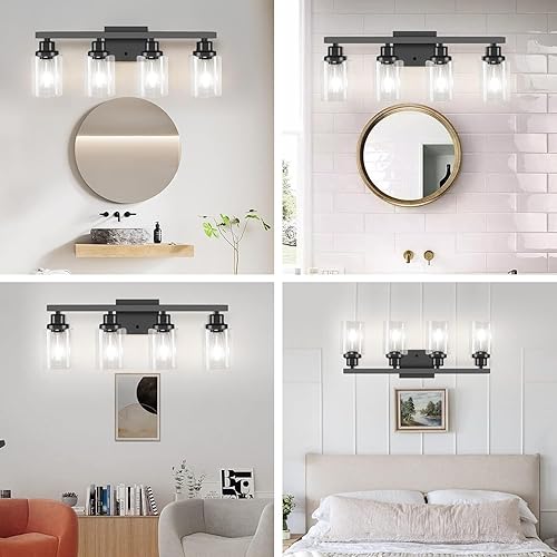 Miniatura 3 de Lámpara de tocador de baño, 4 luces, moderna lámpara de pared negra mate con pantalla de vidrio transparente, luces de pared negras, lámparas de
