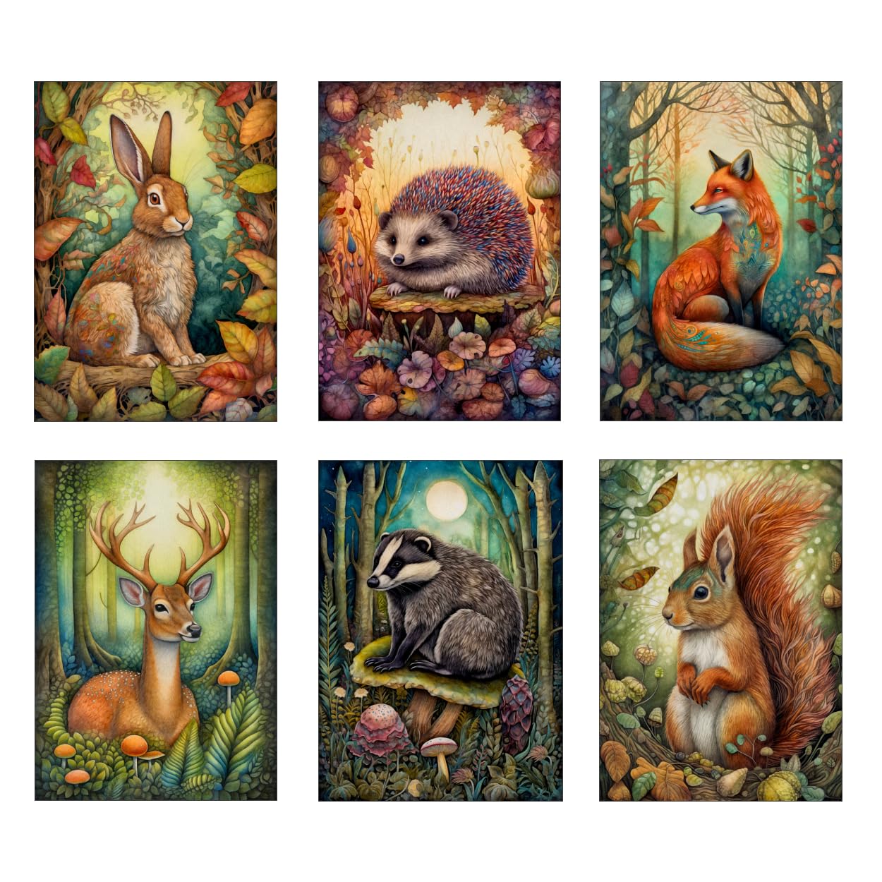 Wild And Arty Mixed Forest Animals Art Prints - Size A4 - Set Of 6 Unframed