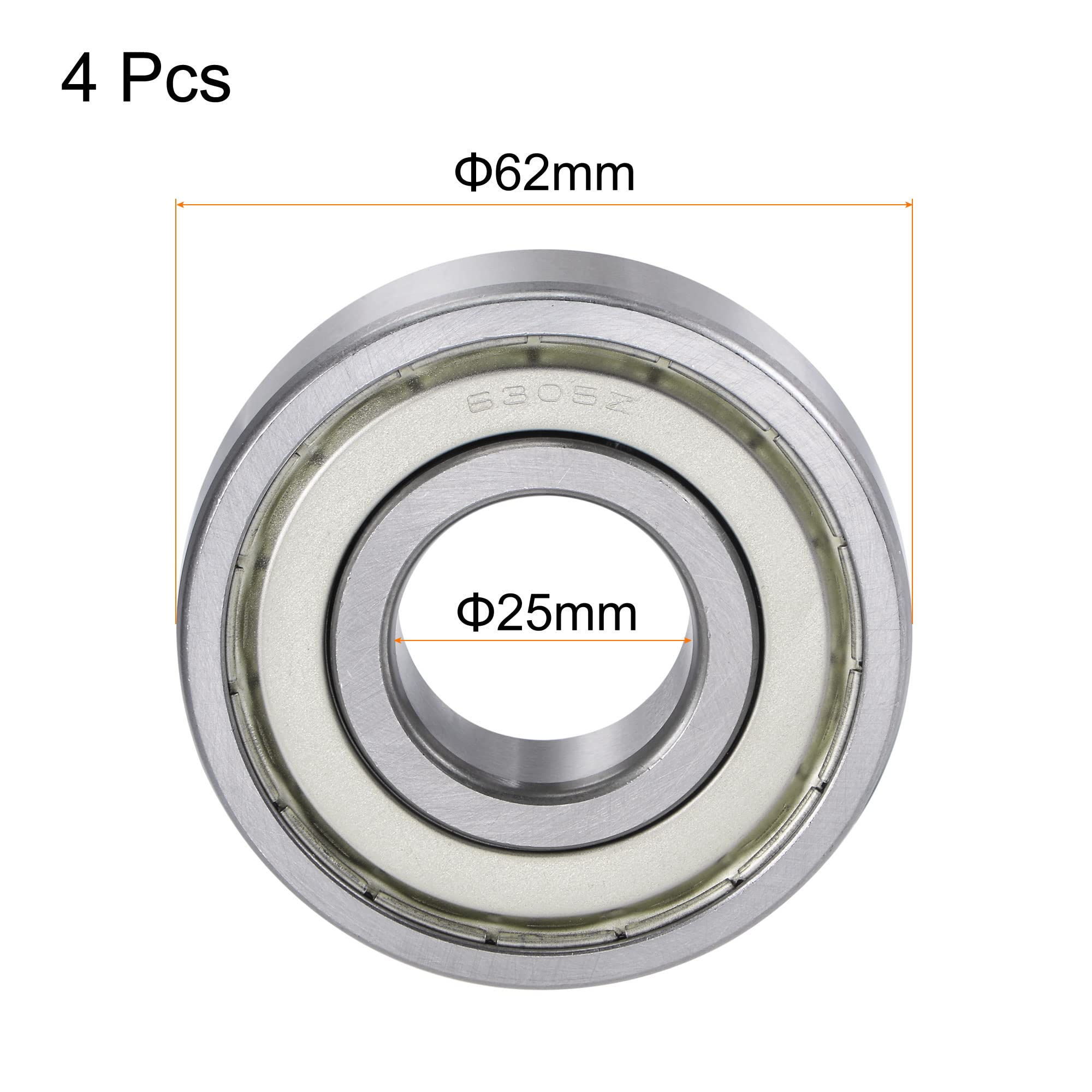 6305ZZ Lot de 4 roulements à billes à rainure profonde en acier chromé double blindage 25 x 62 x 17 mm