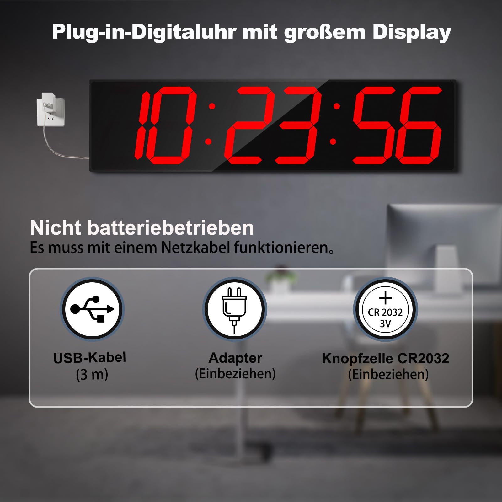 CHKOSDA 28,4-Zoll-Digital-Wanduhr, Digitale Uhr mit automatischer Zeitsynchronisation und einfacher Bedienung, große Wanduhr mit Countdown-Funktion, Wecker, Kalender und Temperaturanzeige (rot)