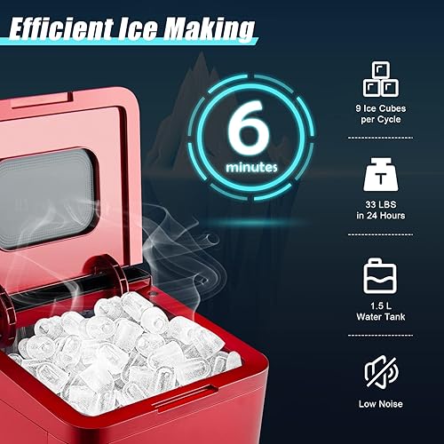 Miniatura 5 de COSTWAY Máquina de hielo para encimera, máquina de hielo portátil y compacta de 33 libras24 horas con función de autolimpieza, 9 cubitos de hielo