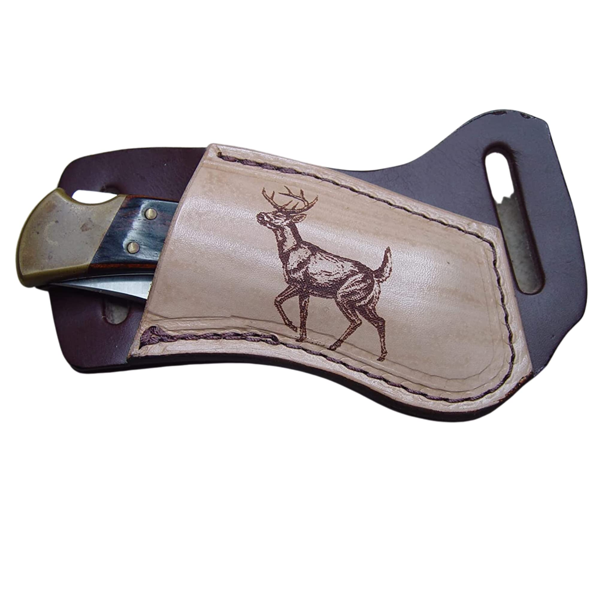 Carl Jr Handmade Leather Knife Sheath | Perfectly fits a Buck 110 | Made in The USA | Pocket Knife Holder | Laser Engraved Designed with a Deer
