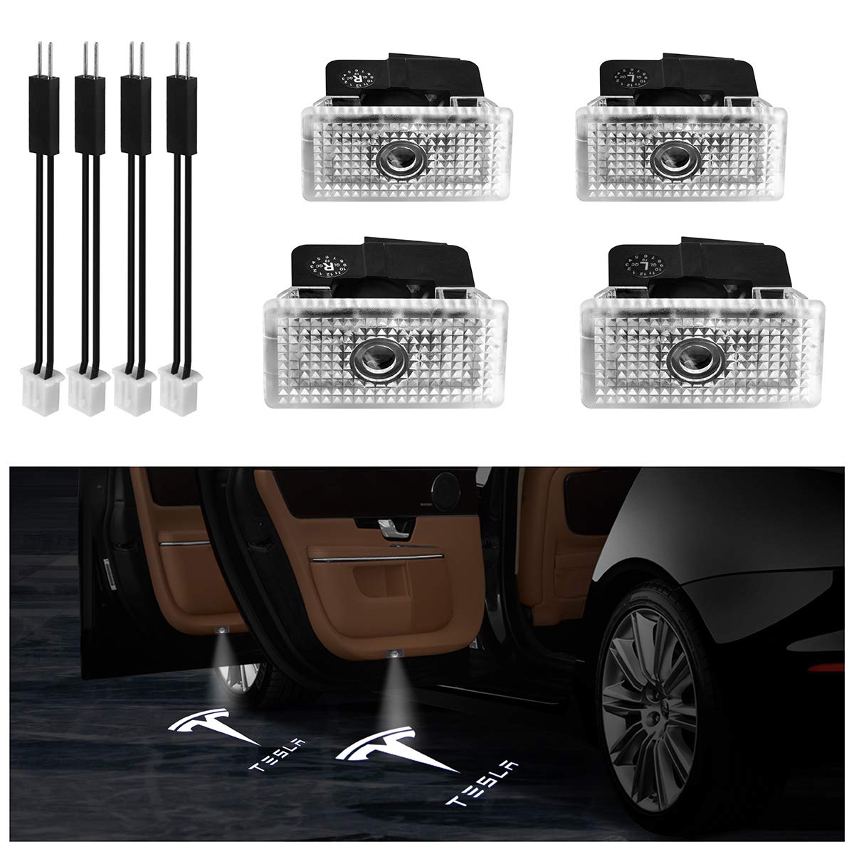 Car Door Projector LED Lights for Tesla Model 3 Model S Model X Model Y, KFZMAN Car Logo Welcome Light Door Laser Shadow Replacement Lights with Letter, Upgraded Version, Pack of 4 (For Tesla Series)