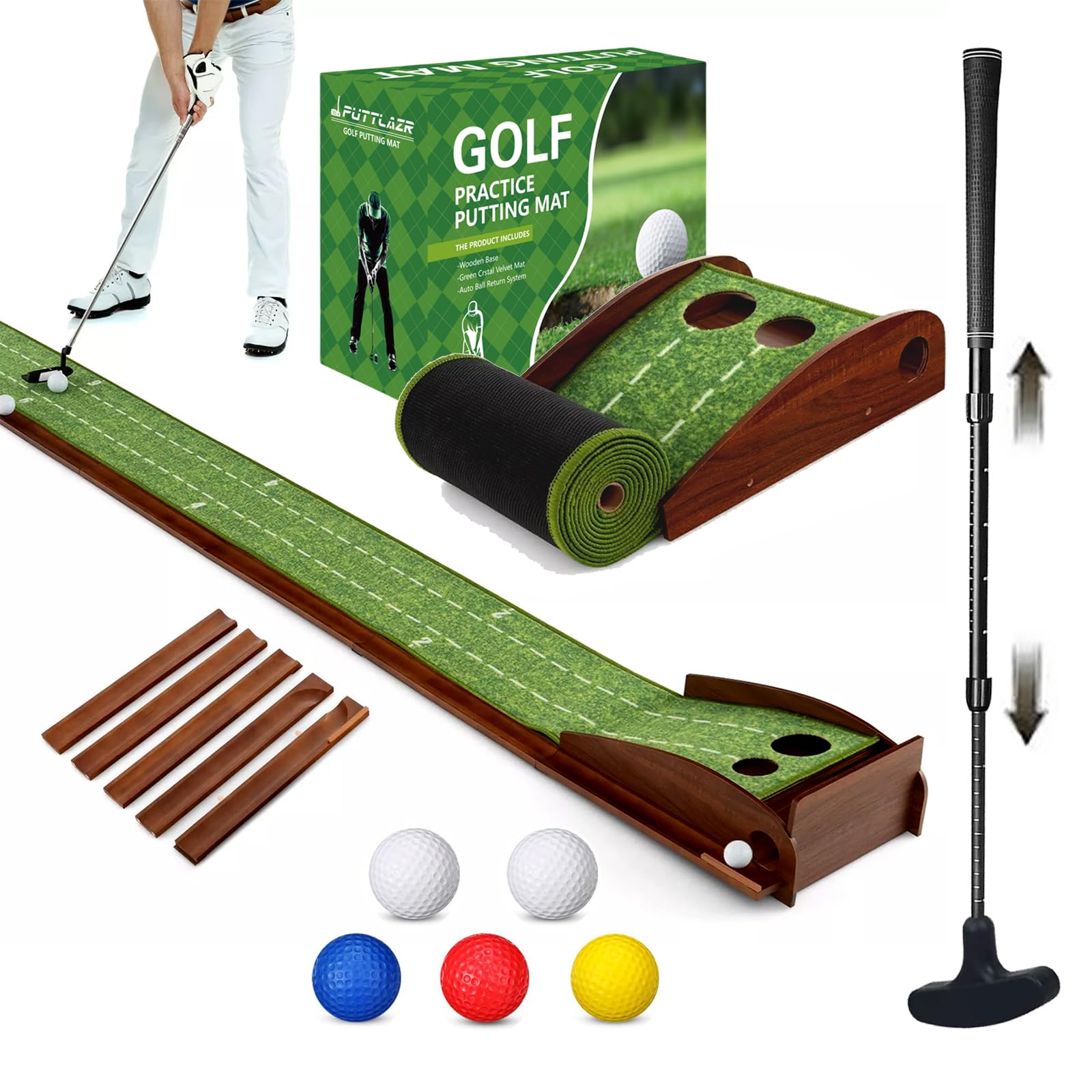 Indoor Golf Putting Mat with Putter & 5 Balls, Auto Ball Return Set, Velvet Matt for Home, Office, Backyard, Golf Gift