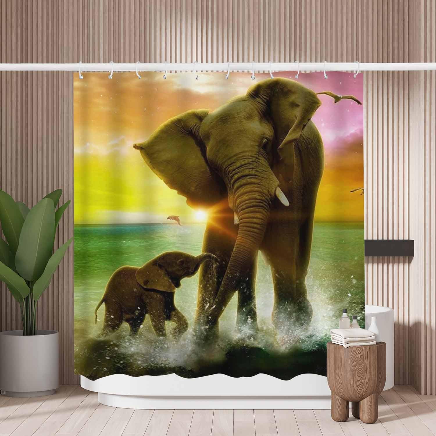 Woutay Shower Curtain Mould Proof Resistant Elephant Family,Water Repellant Fabric,Polyester,with 12 Plastic Hooks