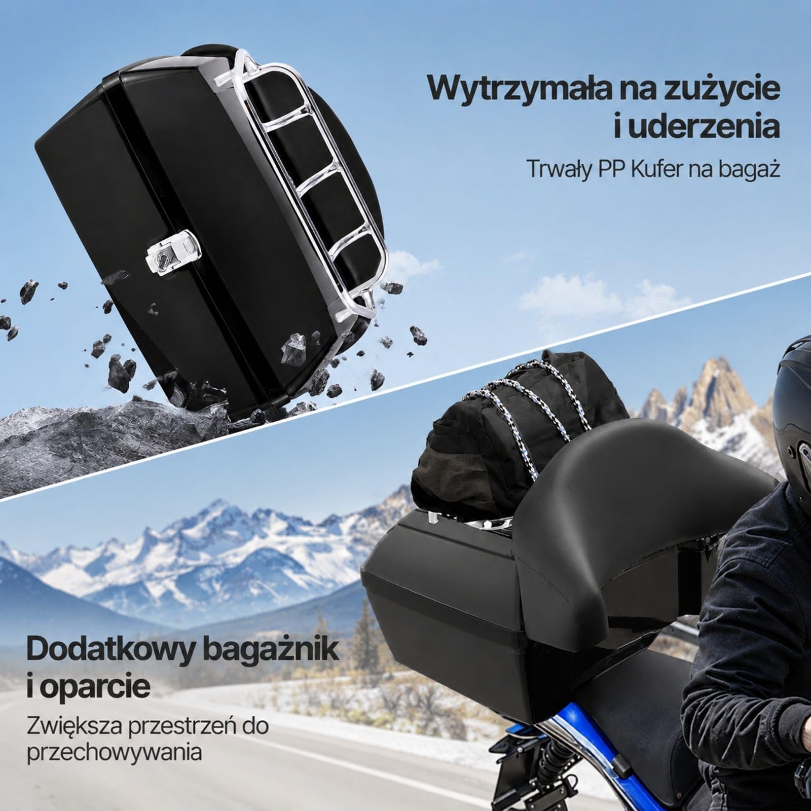 Kufer motocyklowy 48L, uniwersalna skrzynia z PP na tylny bagażnik do