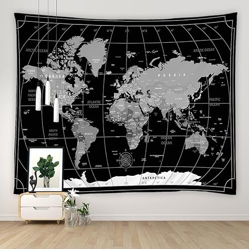 YOZSLGU Tapiz negro con mapa del mundo, geografía, educación, topografía, viajes, tela de poliéster, para colgar en la pared, sala de estar,