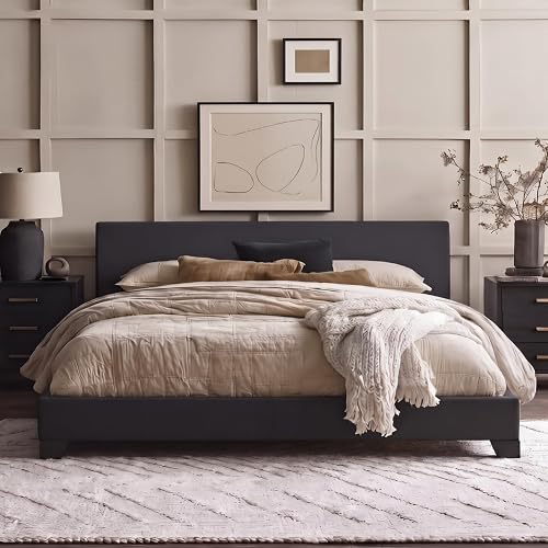 Allewie King Size Faux Leather Bed Frame, Adjustable Headboard, Black