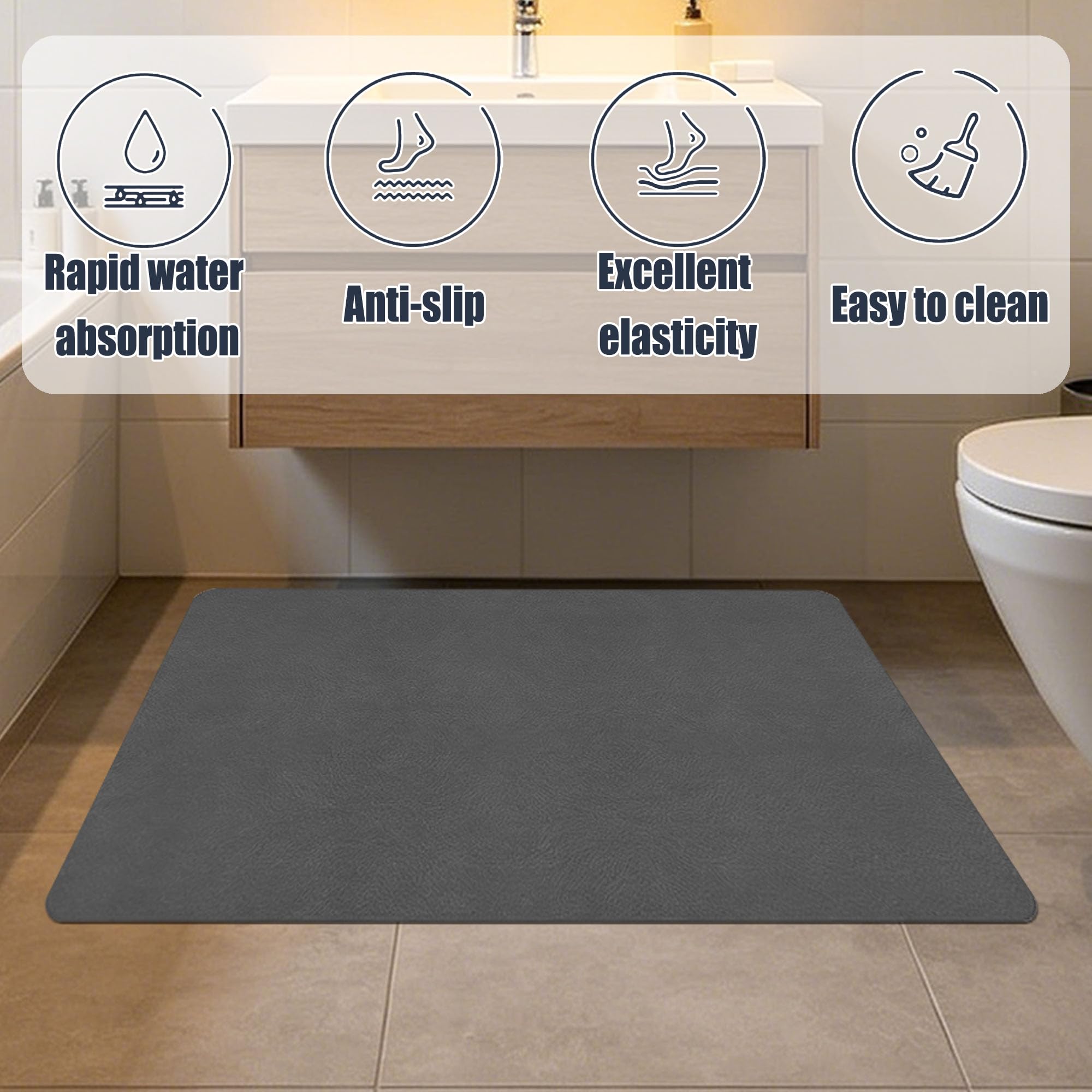 Alfombra Diatomita Baño 105 x 105 cm Rápido Secado Alfombrilla de Baño de Piedra de Diatomita Antideslizante y Antihumedad para Bañera, Ducha, Cuarto de y Cocina, Gris Oscuro