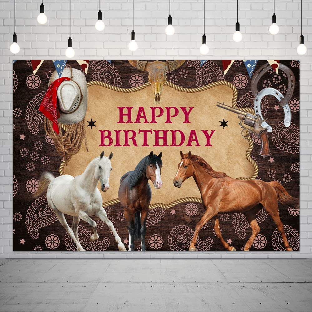 Happy Birthday Horse Backdrop Photography Wild West Cowboy Party Decorations Picture Background Farm Western Theme Cowgirl Baby Shower Banner for