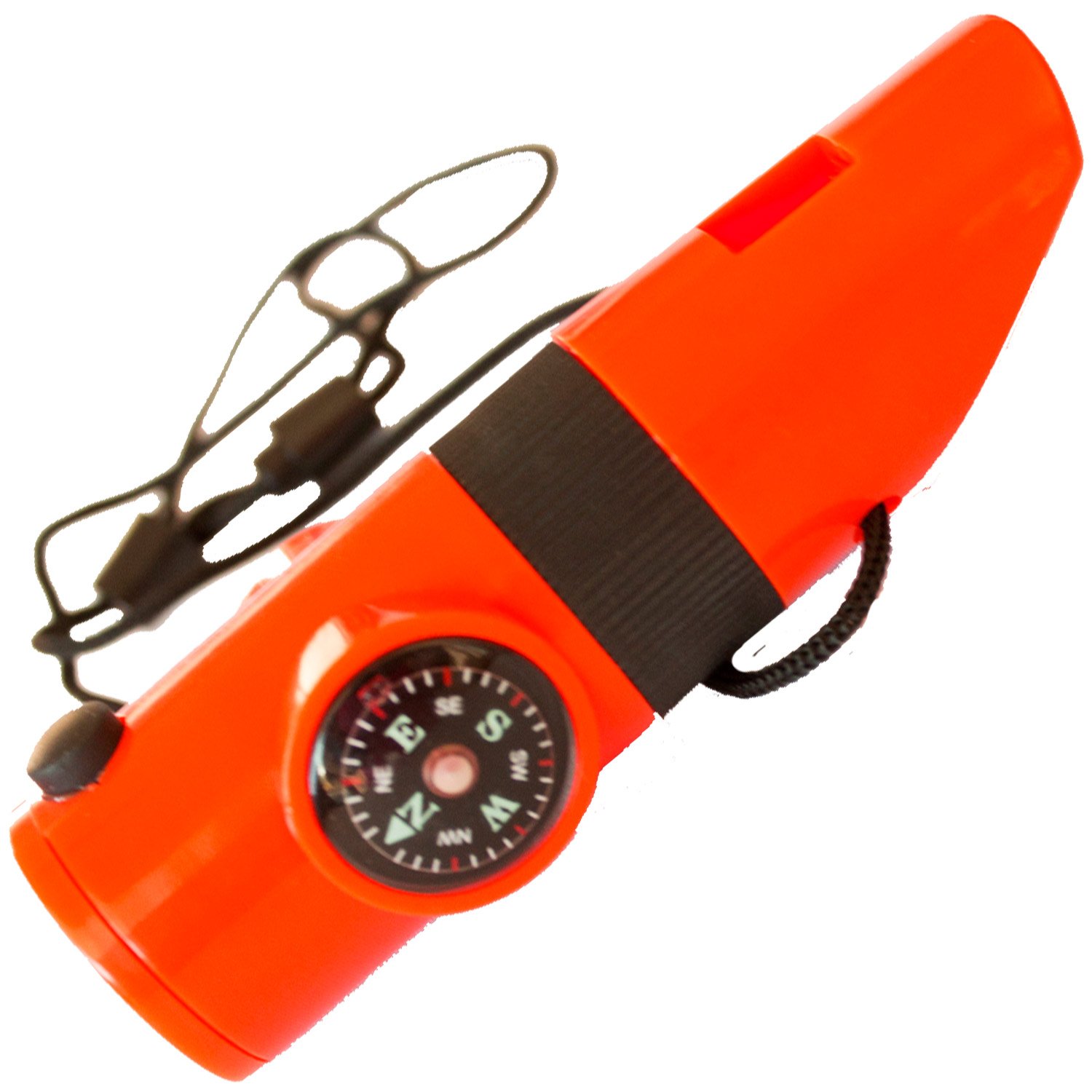 Orange 7-in-1 Survival Whistle - Includes LED Flashlight, Waterproof Storage, Compass, Thermometer, & More - Ideal for Hiking, Camping, Hunting