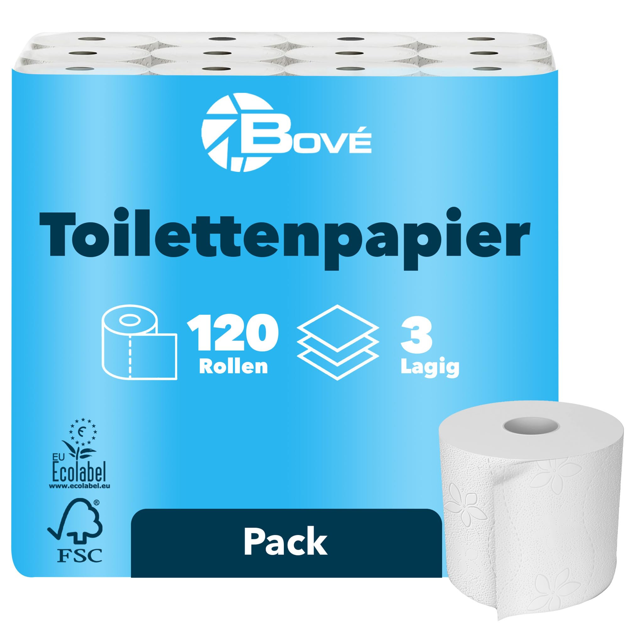 BOVE Toilettenpapier 3-Lagig - 120 Rollen, 125 Blatt pro Rolle - Weiß, 100% Zellstoff, Dezent Gemustert – Extra Weich & Reißfestes Klopapier - FSC- und Ecolabel-Zertifiziert