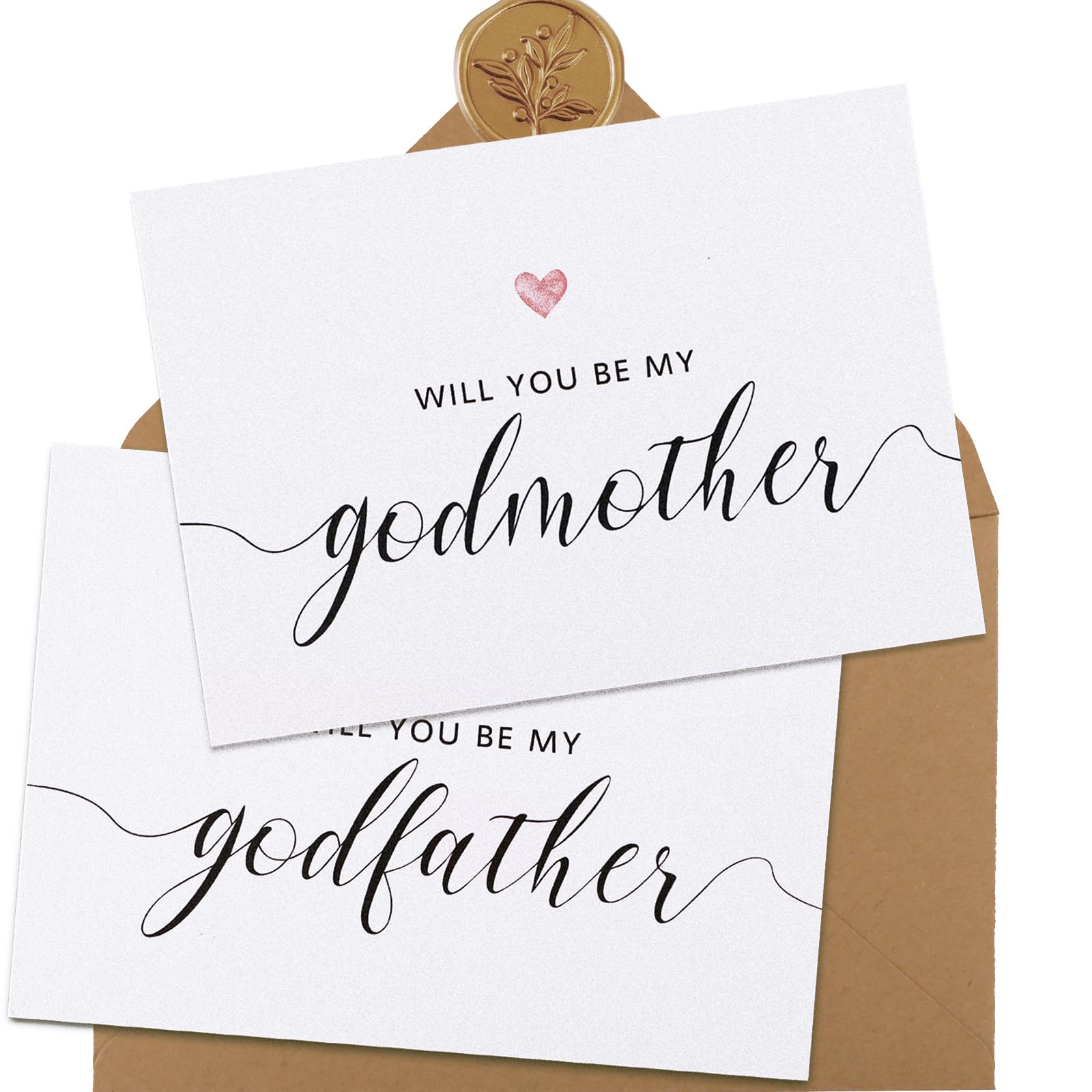 2 Pack Will You Be My Godmother & Godfather Cards, Godparents Proposal Cards Gifts for Christening, Baptism, Includes Envelope and Wax Seal Stickers
