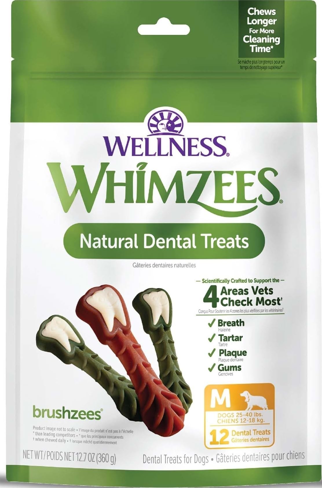 Whimzees Wellness Brushzees Natural Dog Dental Treat, VOHC Accepted Chews, Freshens Breath, Medium Size, 12.7 oz Bag, 12 Count