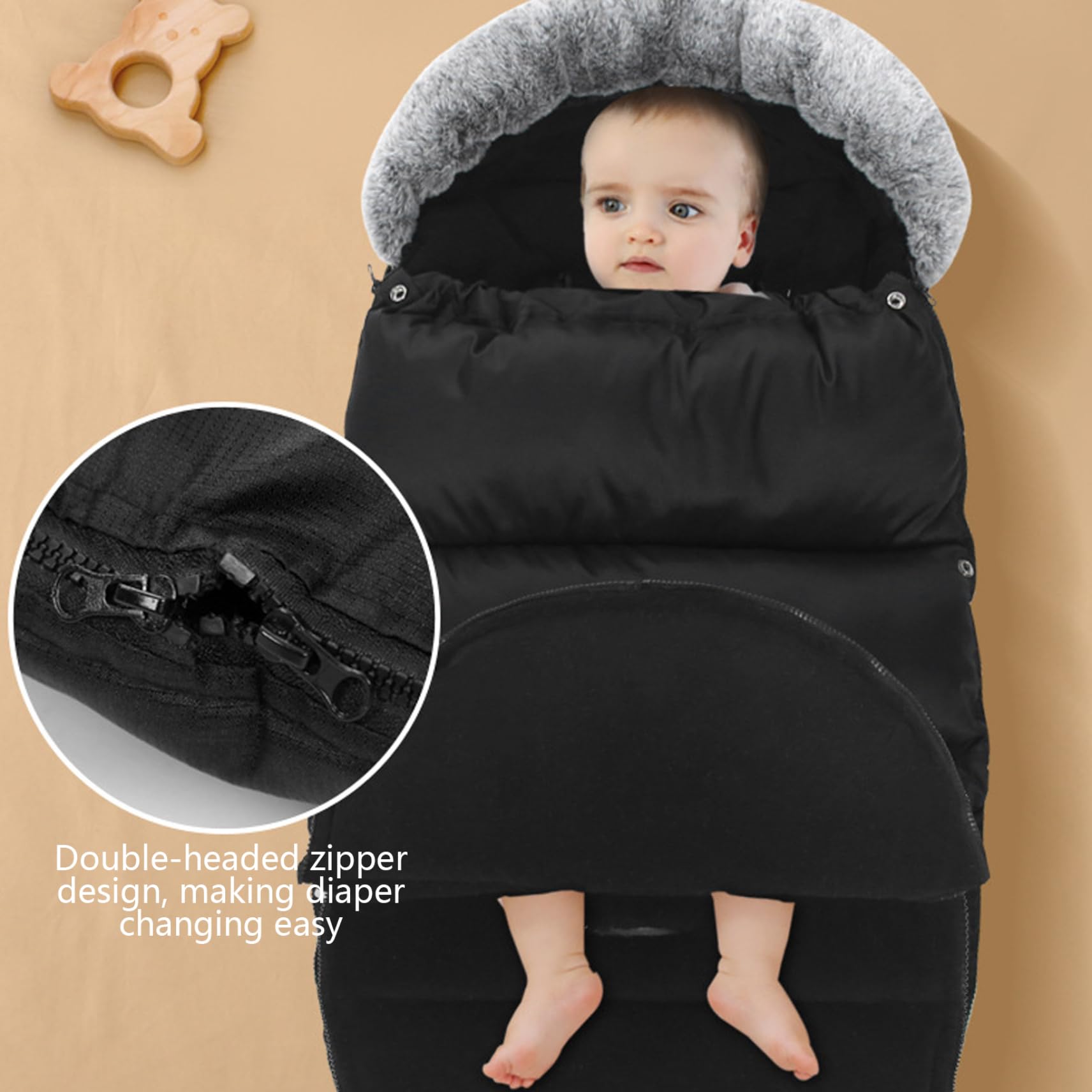 Coprigambe per passeggino, foderato in pile spesso, caldo, per l'inverno, con collo in pelliccia e cerniera, impermeabile, 89 x 35 cm