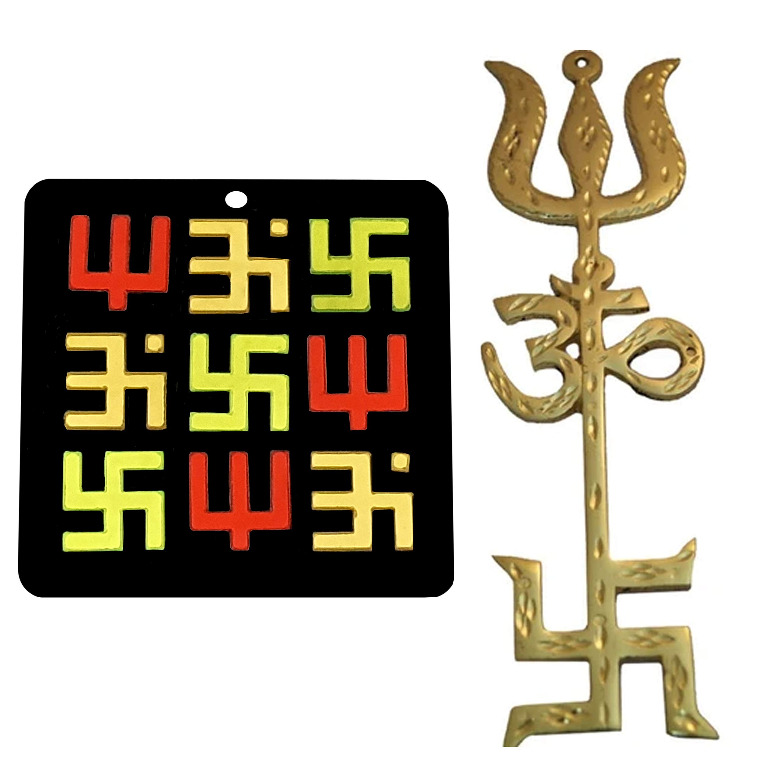 Divya Mantra Trishakti Yantra for Car Home Wall Decor Temple Pooja Items Decorative Showpiece Vastu Yoga Symbol Shiva Trishul, Om, Lucky Swastik Pure Brass and Acrylic - Golden, Multicolor - Set of 2