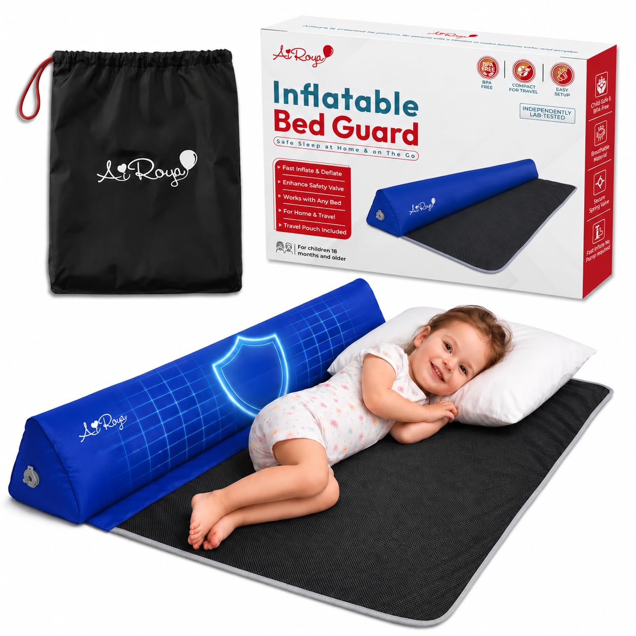AiRoya Inflatable Bed Guard for Toddlers โ Extra Wide & Stable Bed Rail Alternative โ Portable Travel Bed Bumper โ Fits All Beds (Blue)