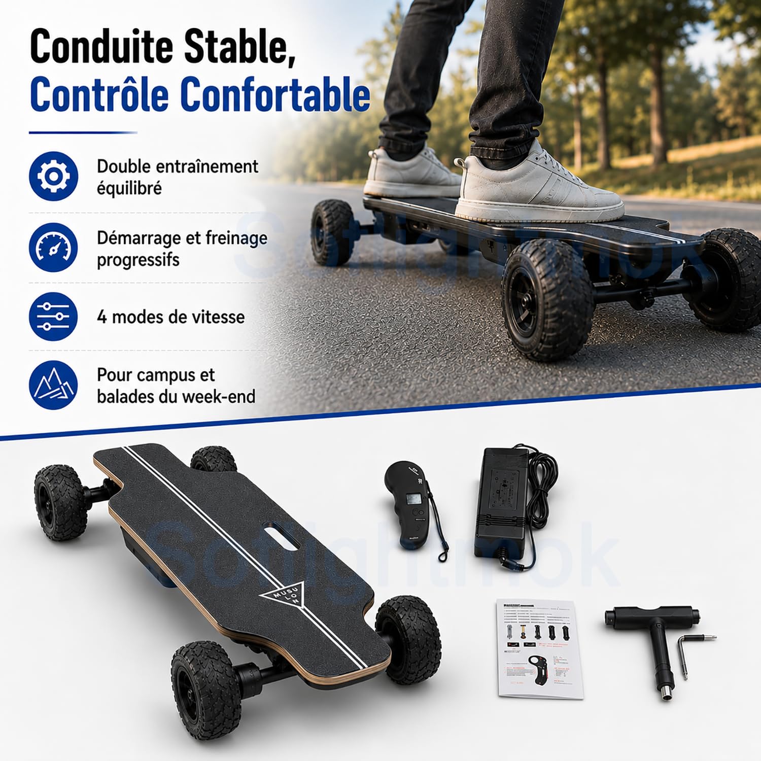 Skateboard Électrique Tout Terrain pour Adultes avec Télécommande LCD, Roues 105mm Grandes pour Campus et Balades Urbaines, Longboard Électrique Portable et Confortable, Double Moteur Stabilité
