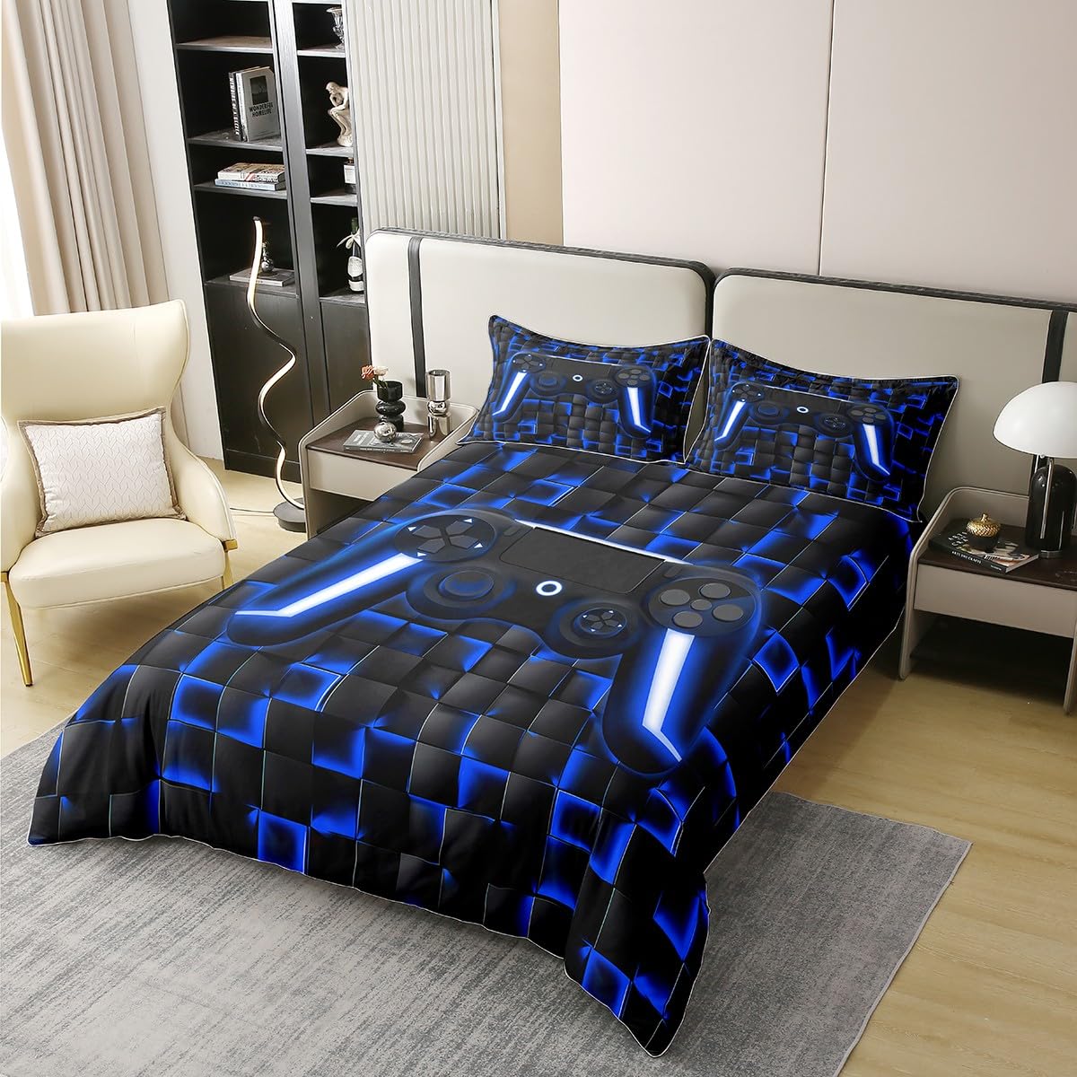 Homewish Juego de ropa de cama de 100 % algodón, 135 x 200 cm, juego de ropa de cama para videojuegos geométrica, juego de ropa de cama para videojuegos, decoración de sala de juegos, luces de neón
