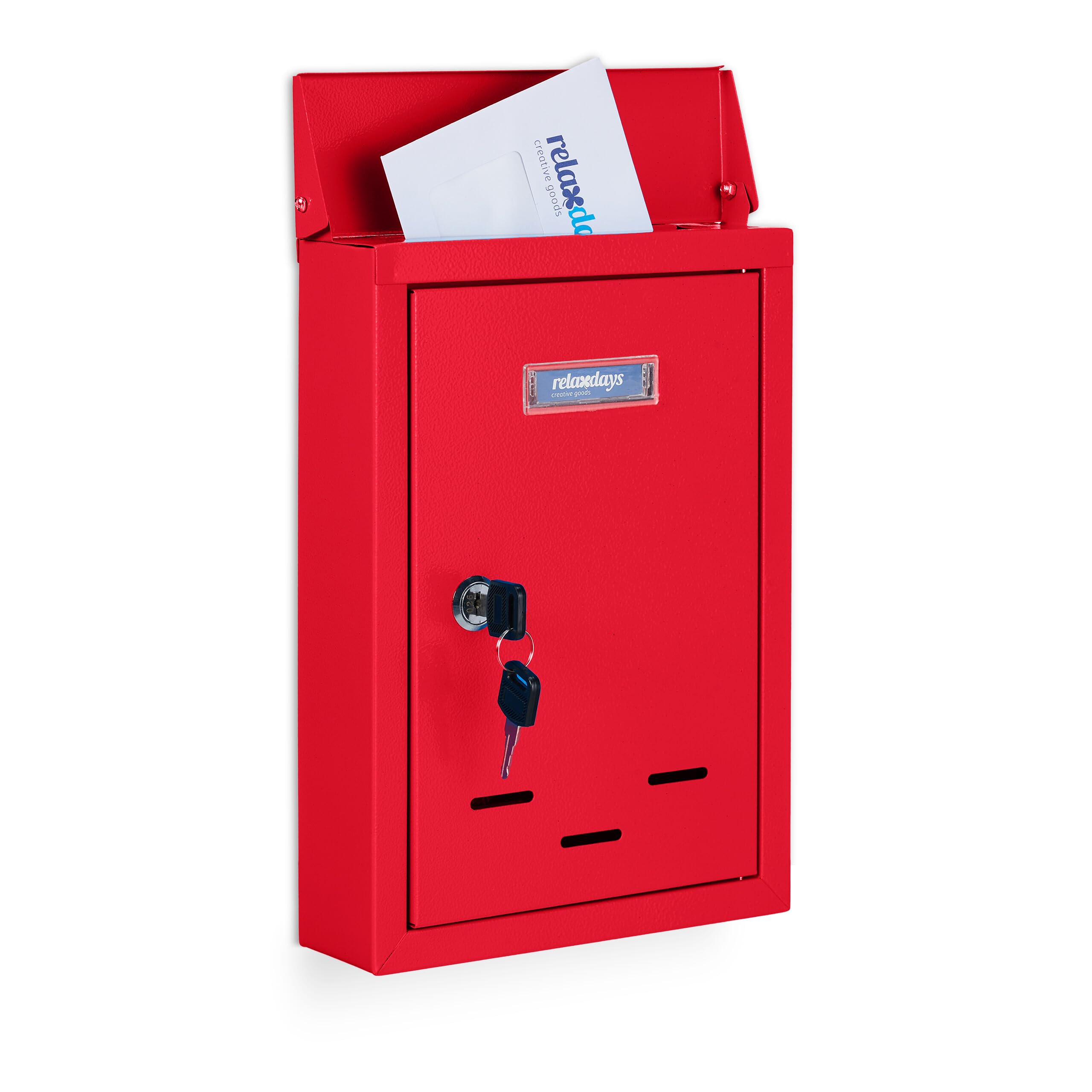Relaxdays Letterbox with Nameplate Buzón Pared Vertical, Placa para Nombres, Metal, con 2 Llaves, de Exterior, Estrecho, 30,5 x 21 x 7 cm, Rojo