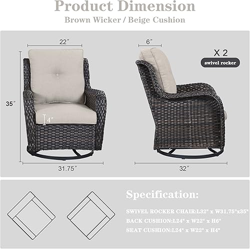 Miniatura 2 de Silla giratoria de mimbre para patio silla mecedora de ratán sillas de muebles de patio al aire libre juego de 2 con cojines gruesos silla mecedora