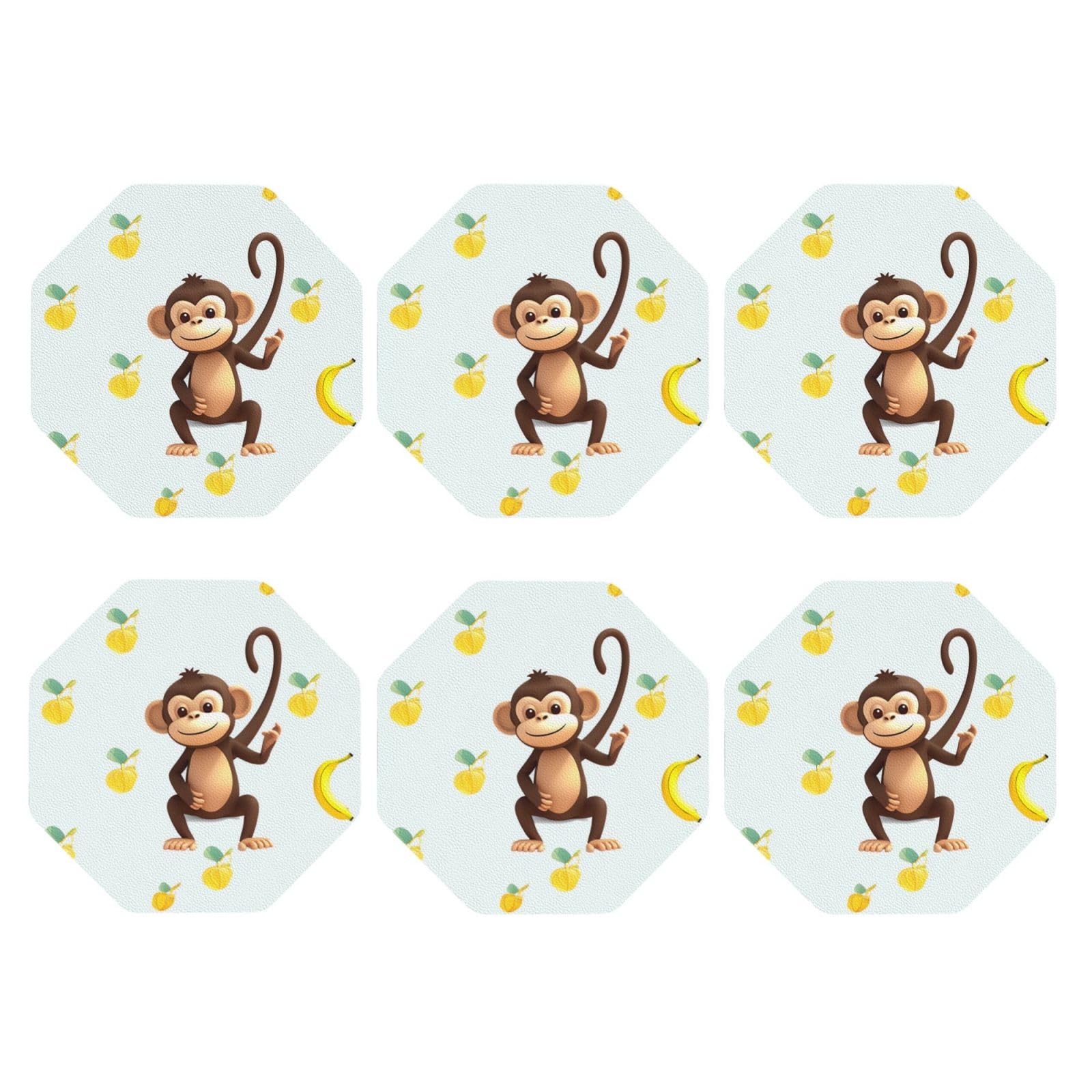 6pcs Leather Coasters for Drinks, Monkey and Banana Drink Coasters for Tabletop Protection, 4" Cup Coasters for Coffee Table Decor, Non-Slip Drinking Cup Mat for Hot Or Cold Drink