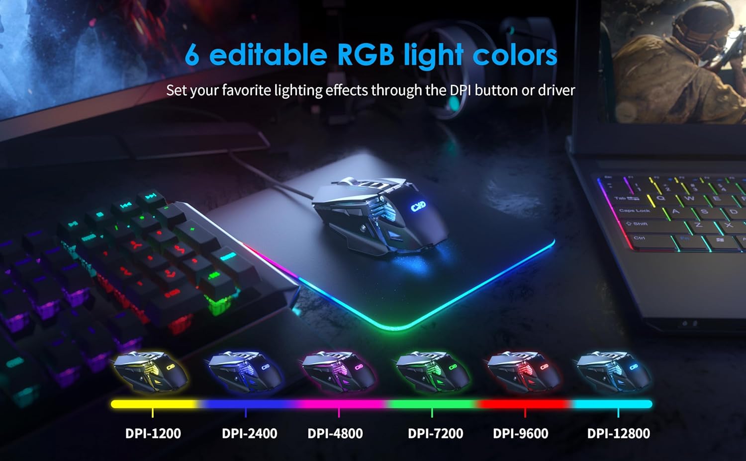 C300 12800 DPI Wired Mouse, Ergonomic Wired Gaming Mouse with 7 Programmable Macro Shortcuts, RGB Backlit Modes, Adjustable Weights, PC Gaming Mice Computer Mouse for Gamer Office