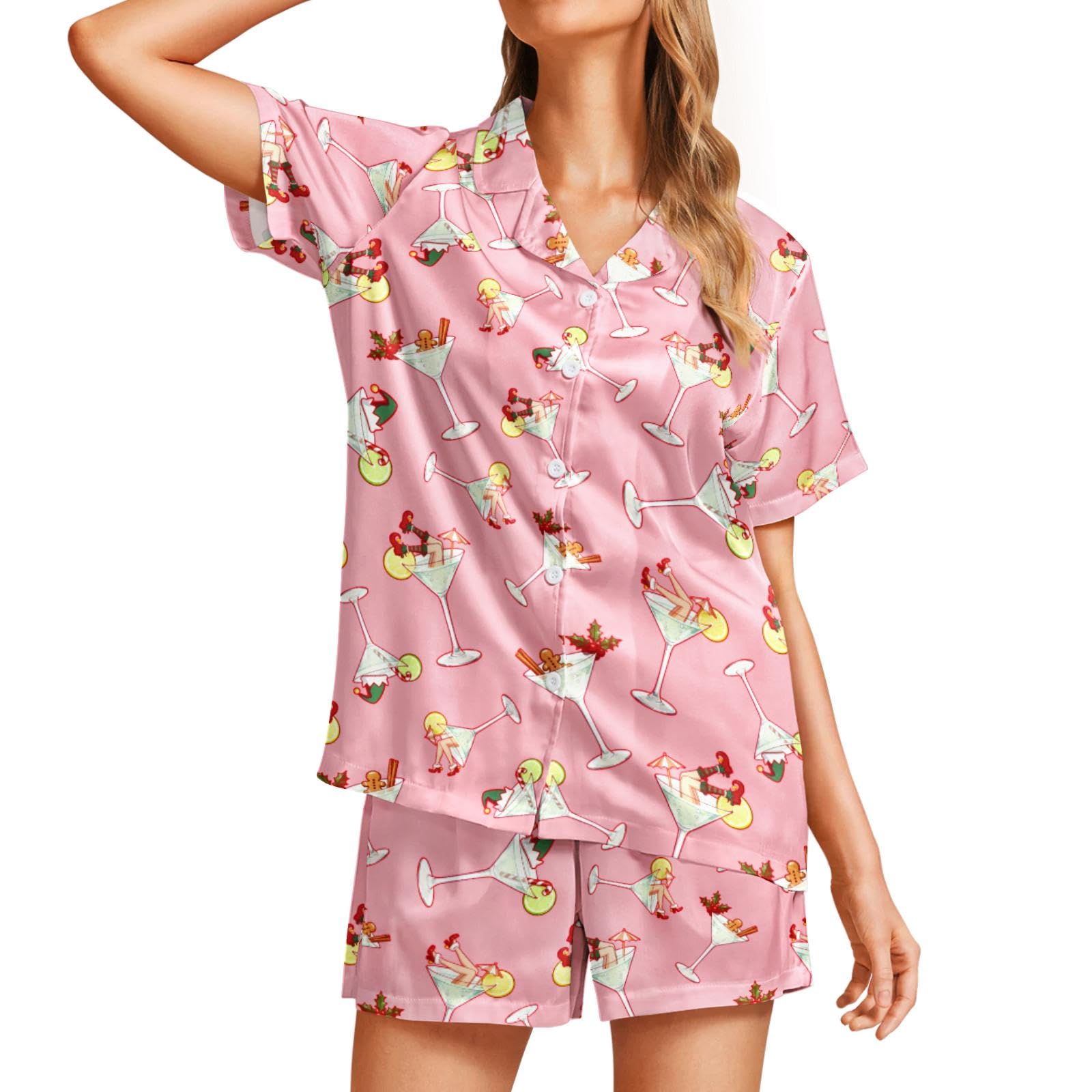 Funny Pajamas for Women Set Print Satin Loungewear Pjs Short Sleeve Button Down Top and Shorts Sets Sleepwear XS-3XL
