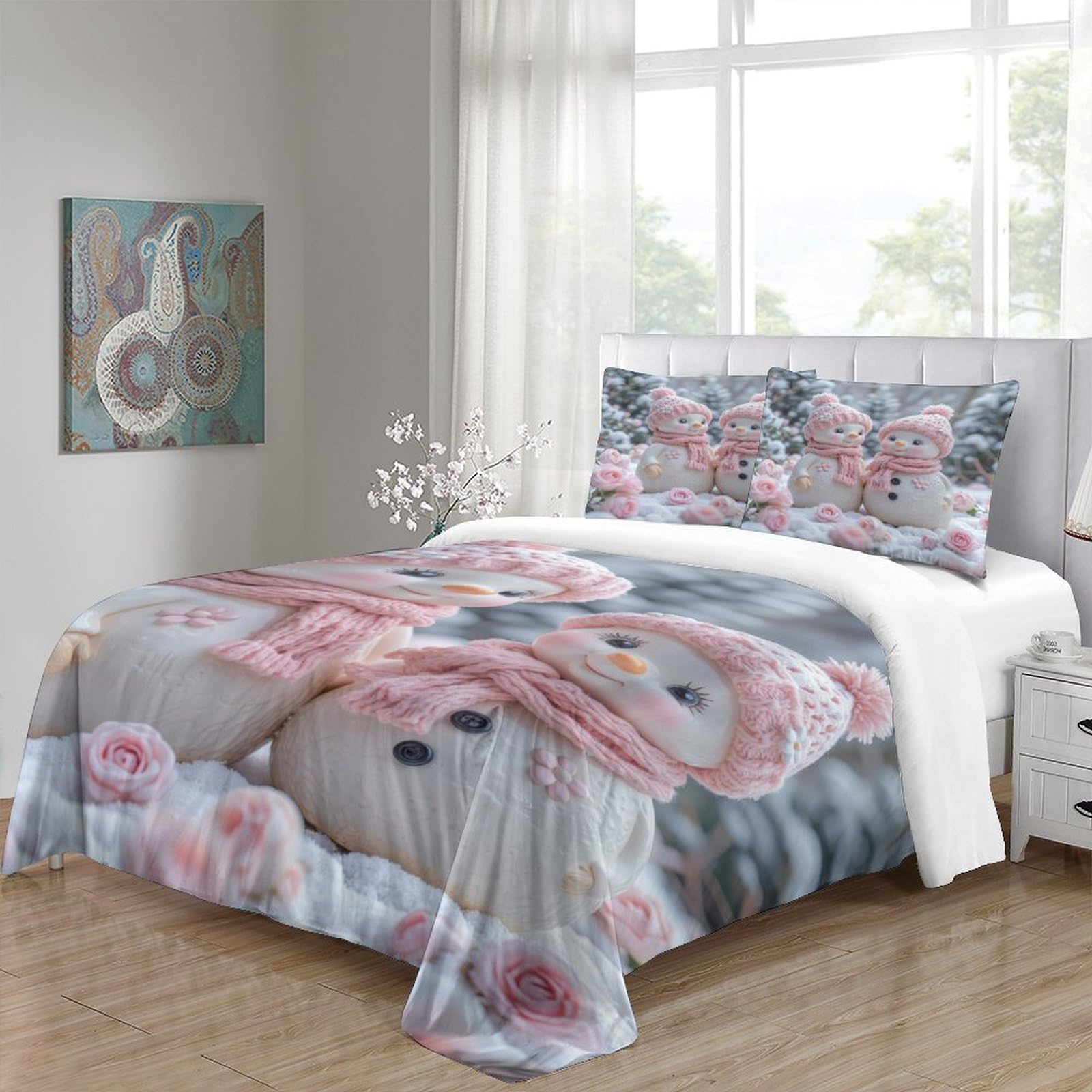 Winter Schneemann 3D Print Bettbezug Microfaser Schlafzimmer Deko Pärchen Schnee Bettwäsche Set Hautfreundlich Atmungsaktiv für Erwachsene Super King（260x220cm）