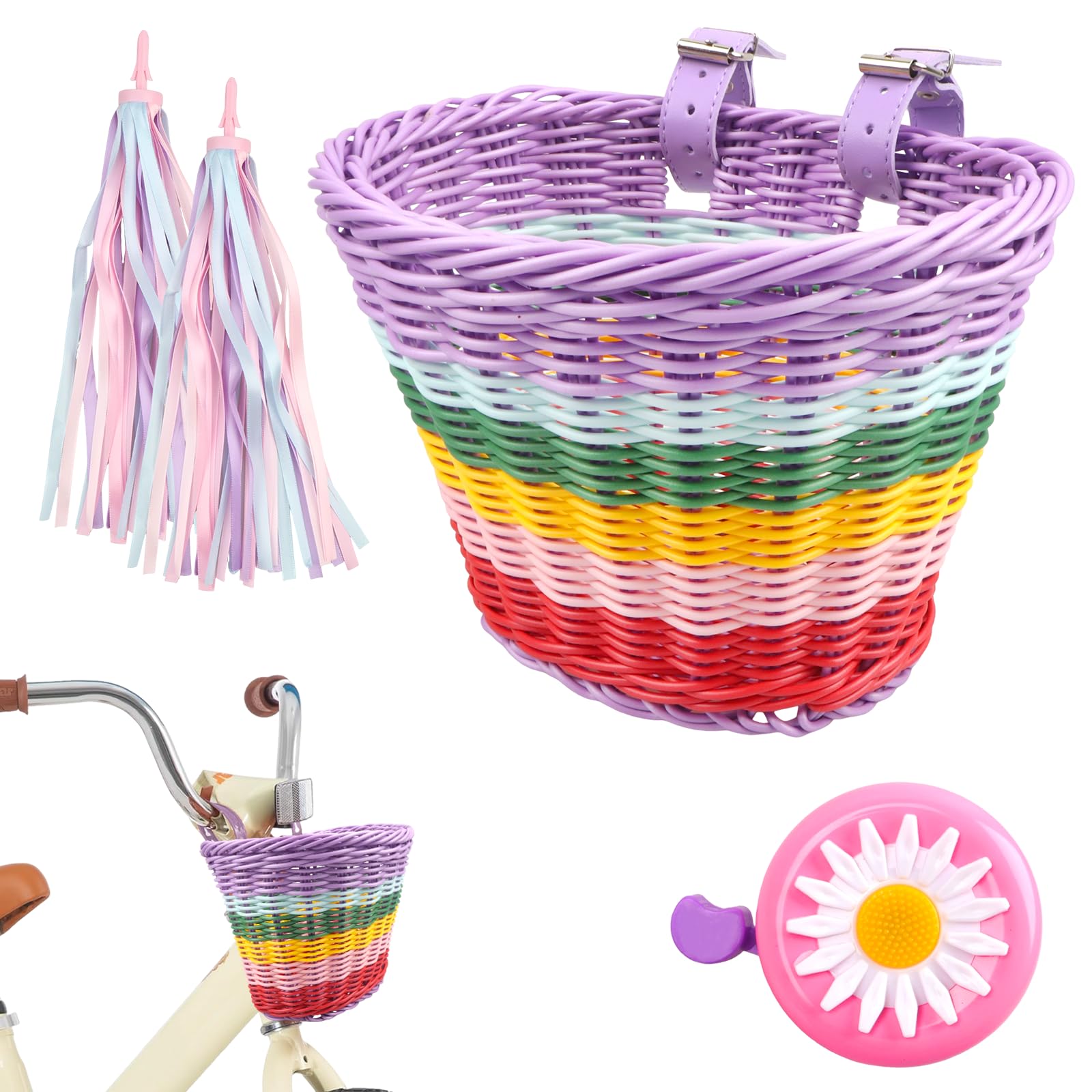 Kids Bike Basket, Handwoven Cycle Basket for Kids with Bike Bell, Tassels