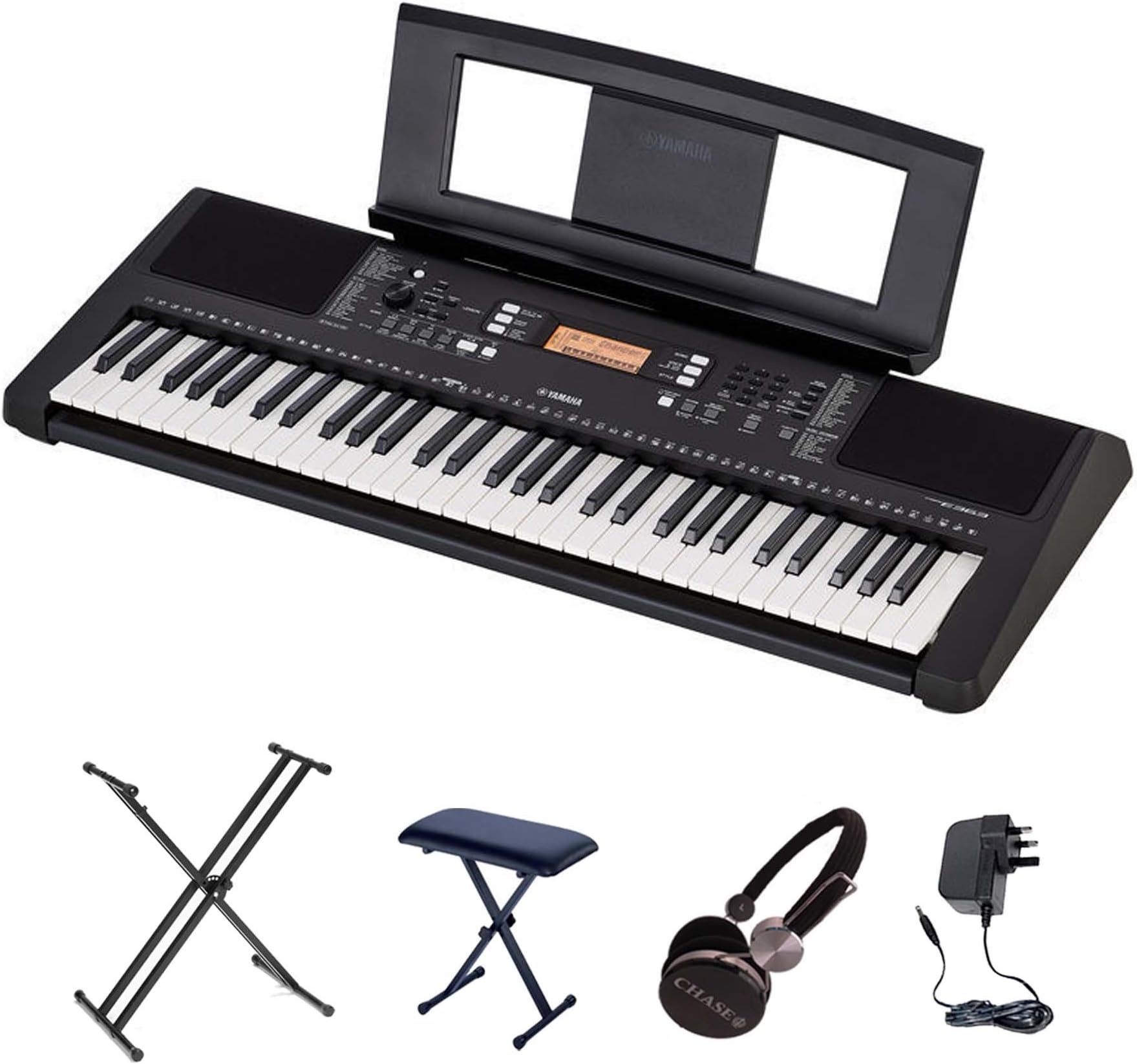 Yamaha PSR-E363 Keyboard Bundle With Double X Stand, Bench & Headphones