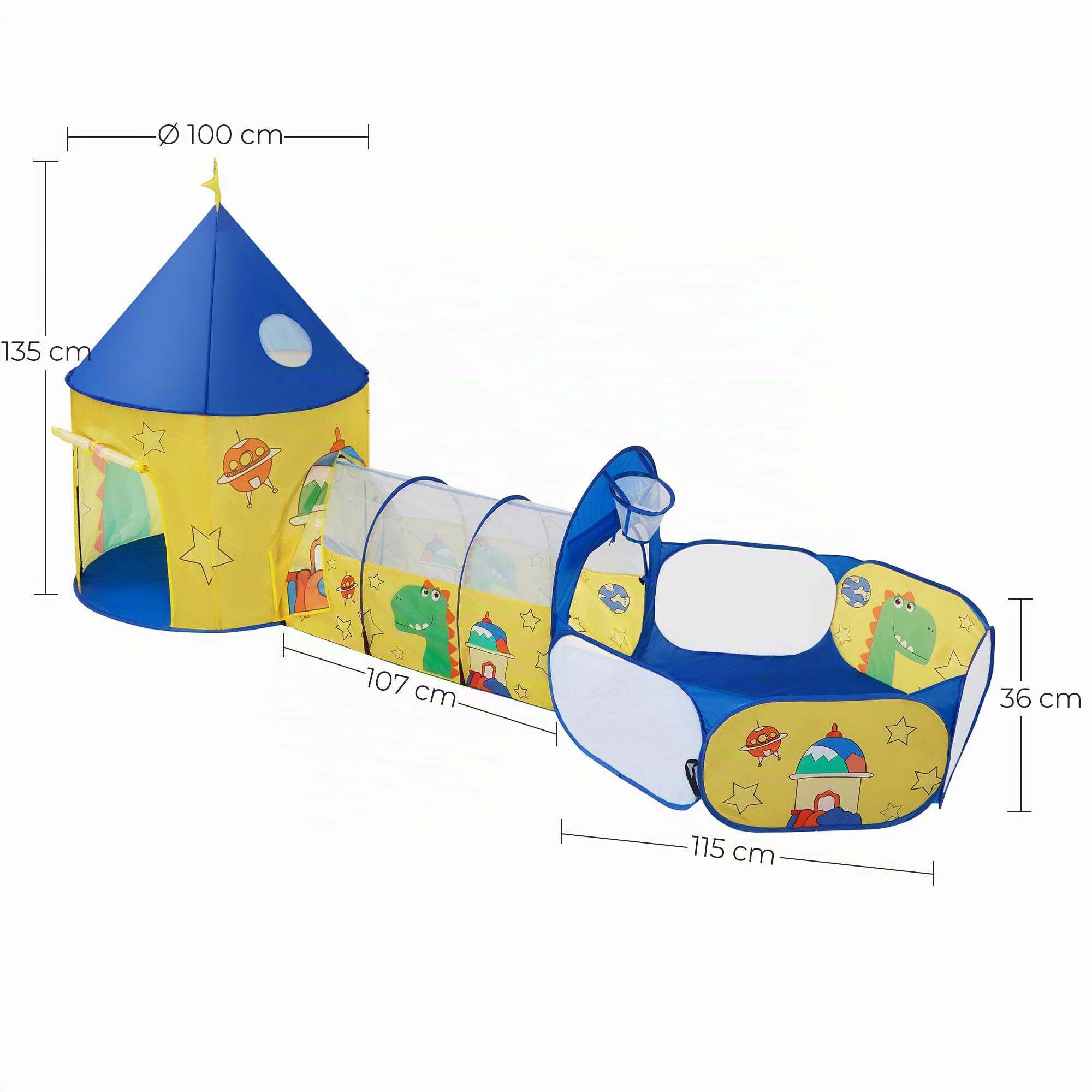 SONGMICS Parque Infantil 3 en 1, Parque Infantil emergente con Tienda, túnel, Piscina de Bolas, Tema Dinosaurio Espacio, Idea de Regalo, Amarillo y Azul LPT702Y01