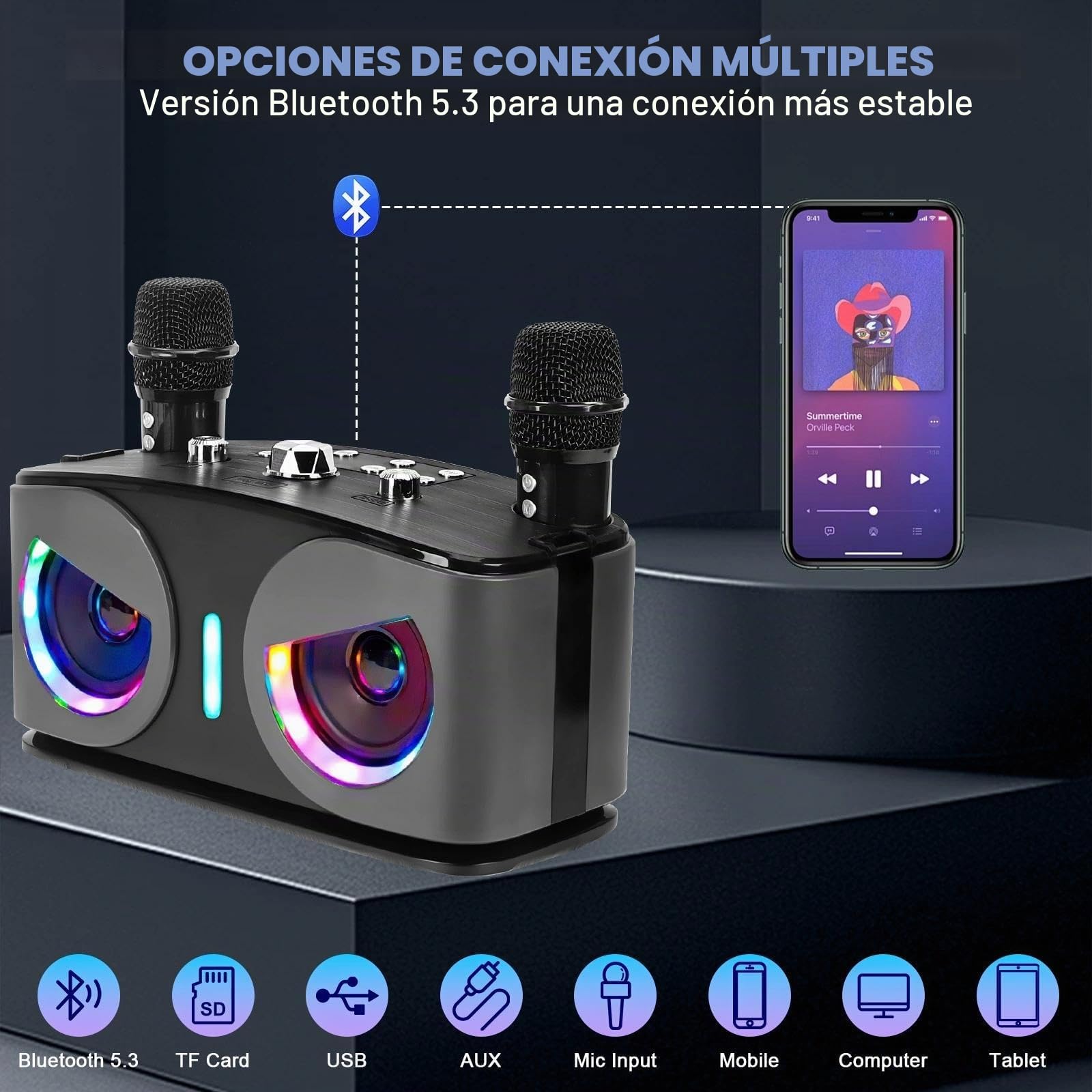Máquina de Karaoke, con 2 Micrófonos Inalámbricos, Bluetooth 5.3 Sistema de Karaoke Portátil con Luces LED para Fiesta en Casa, al Aire Libre y Boda, Soporta TWS/TF Card/USB/AUX (Negro)