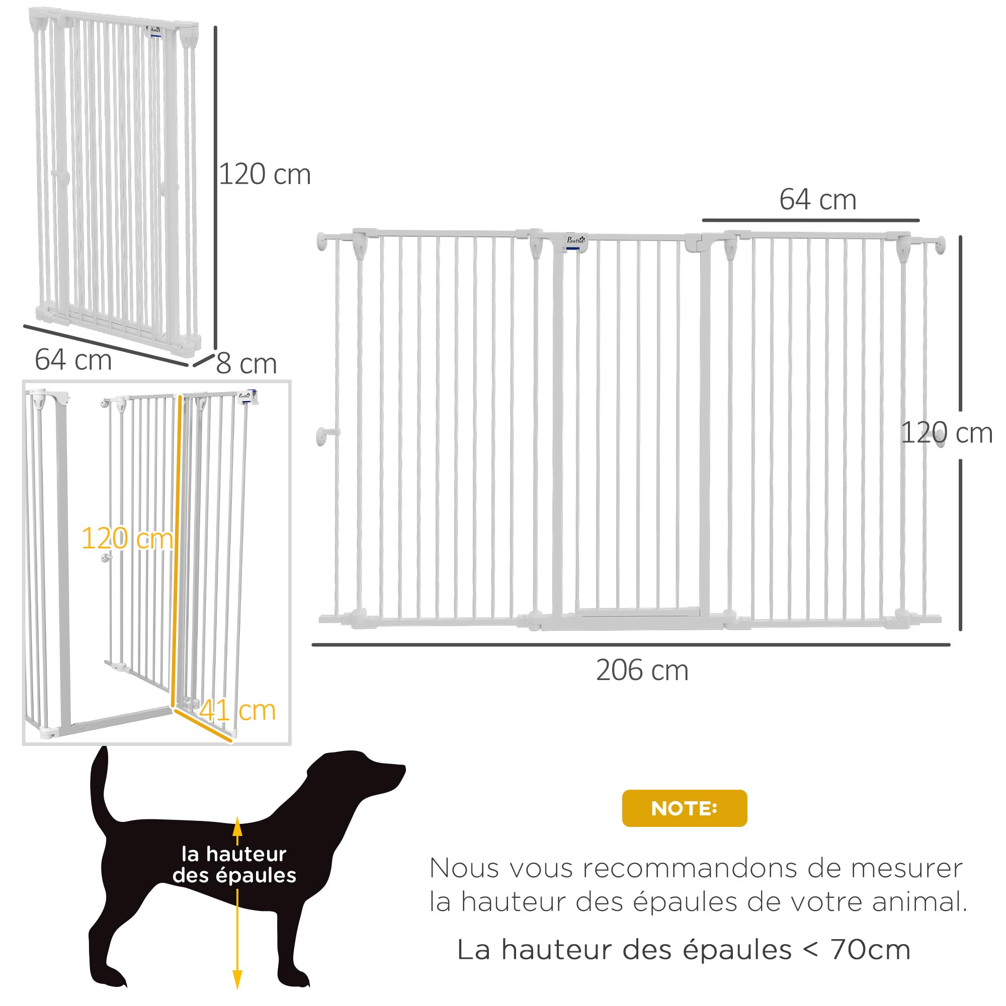 PawHut - Barrera de seguridad para perros de acero con 3 paneles plegables con doble cerradura y puerta integrada para puerta y escalera, 206 x 120 cm, color blanco