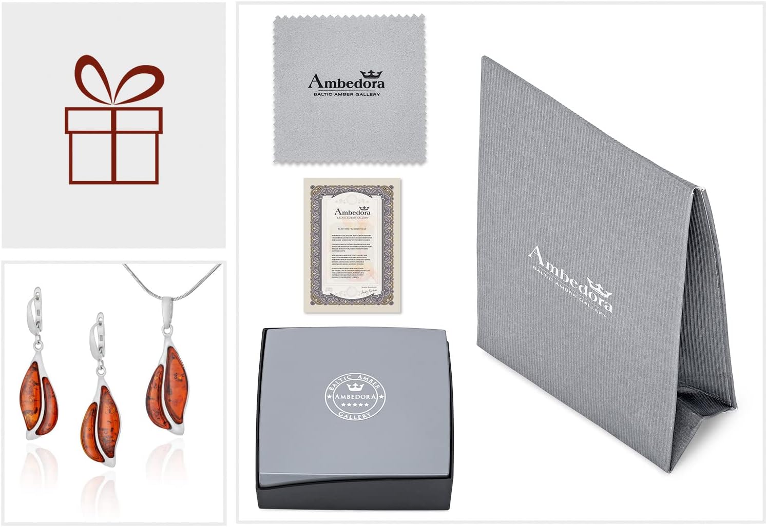 Women's Jewellery Set Lux D1, Polished Sterling Silver, Baltic Amber in Cognac Colour, Silver Pendant on Chain and Earrings - Image 6