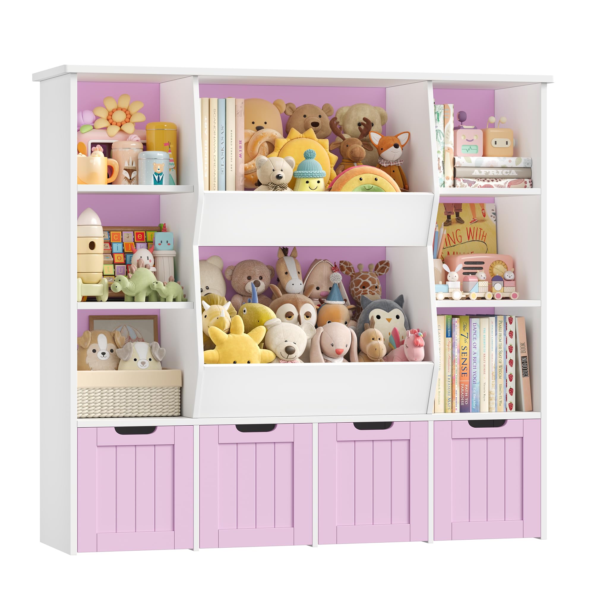 FOREHILL Kids Toy Storage Unit Childrens Bookcase Toy Organiser Kids Bookshelf, 8 Open Compartments, 4 Drawers with Wheels, for Nursery Playroom White+Light Purple 124.5x35x118cm