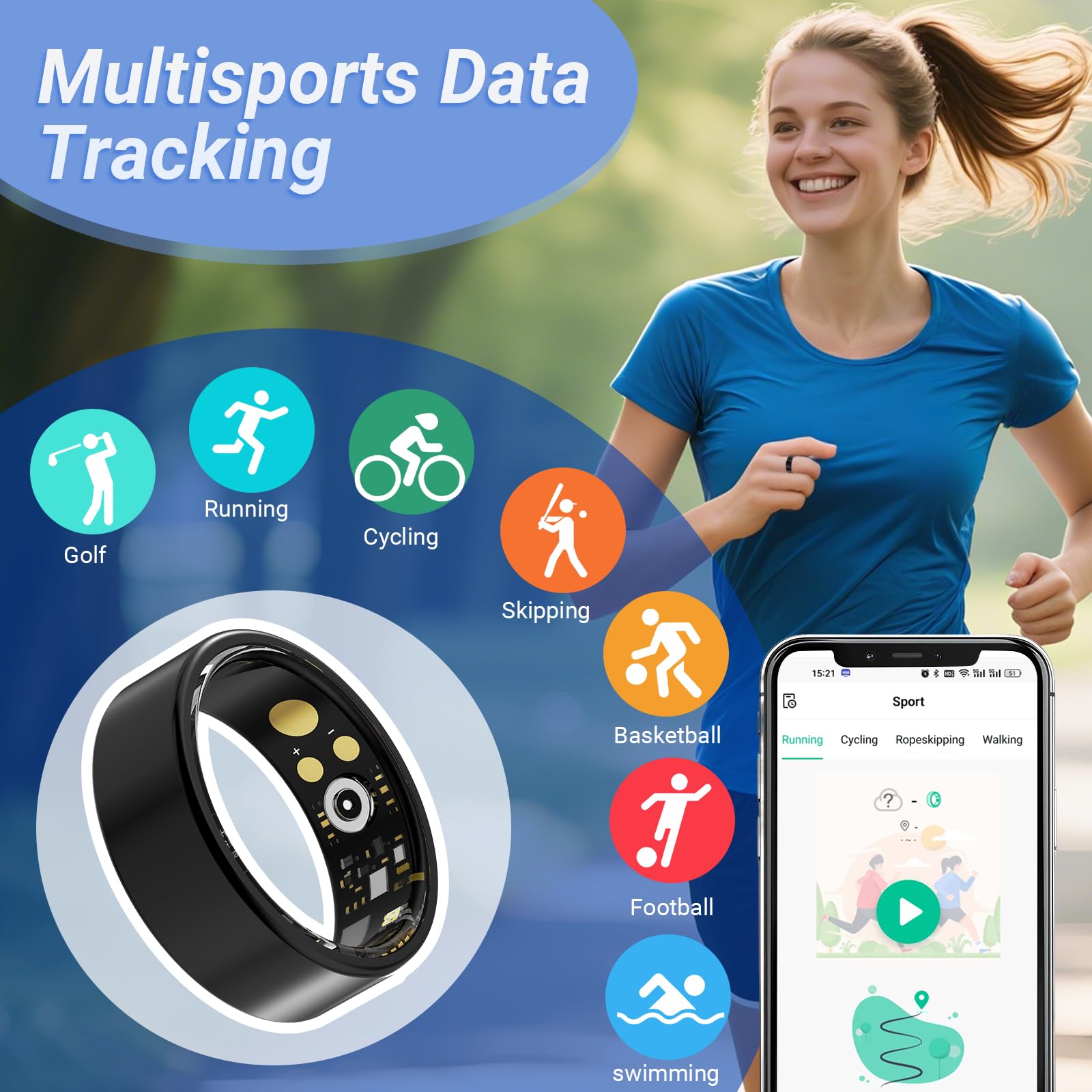 Anelli sanitari per donne e uomini, fitness tracker con frequenza cardiaca, ossigeno nel sangue, pressione sanguigna, monitoraggio sonno/passi, impermeabile IP68, per iPhone e Android