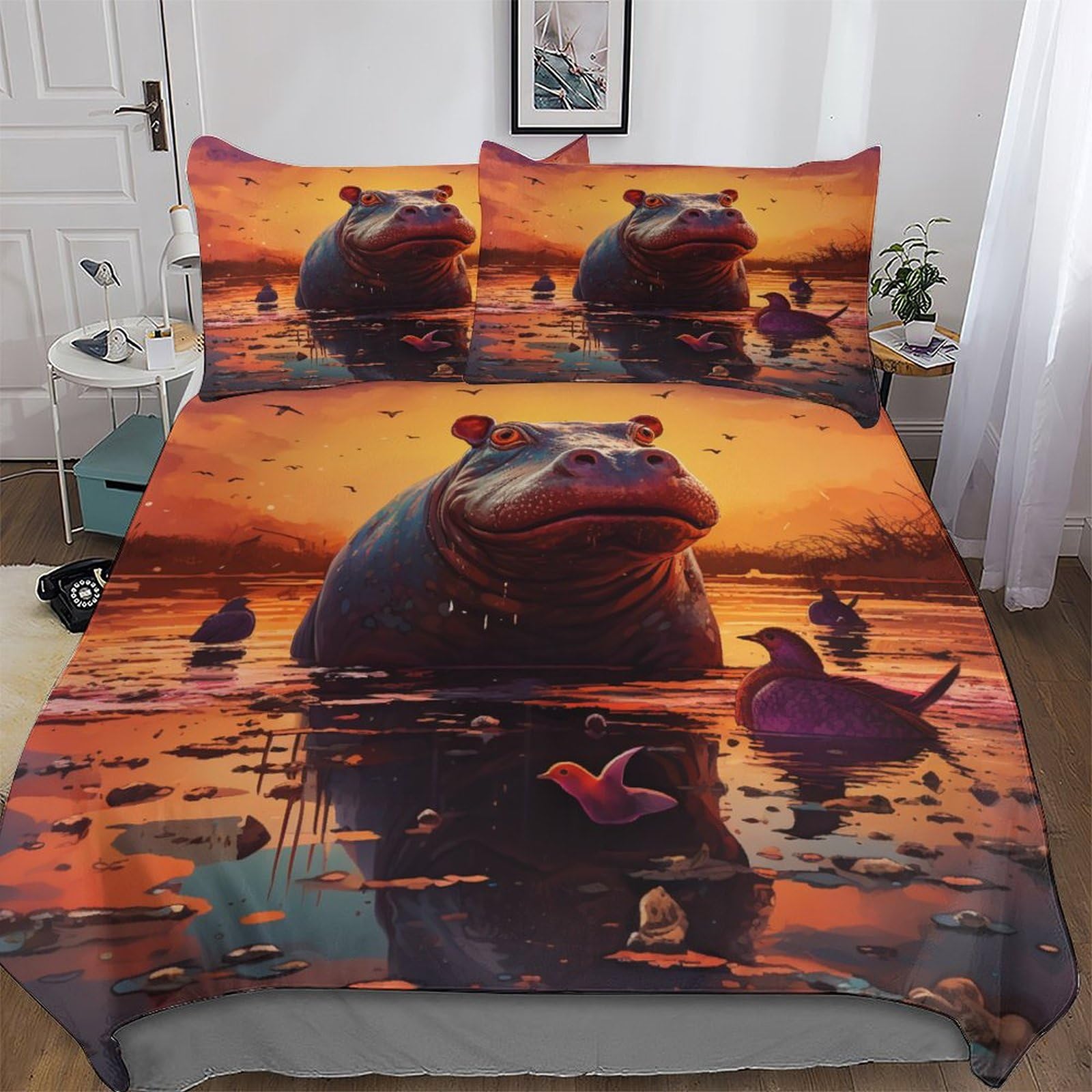 Housse de couette hippopotame parure de lit enfants adulte 3 pièces