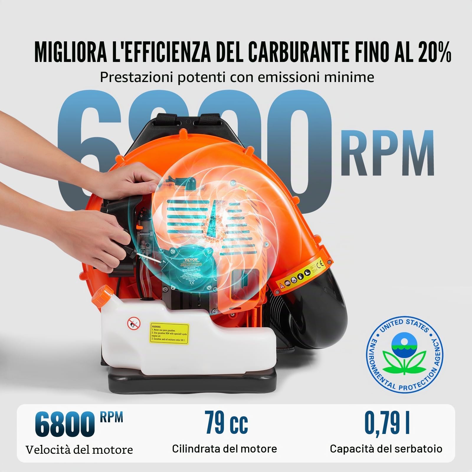 VEVOR Soffiatore per Foglie a Gas, 79CC, Spazzaneve a Zaino a 2 Tempi, con Serbatoio Carburante da 3 Litri, Volume d'Aria 930 CFM per Cura del Prato, Pulizia delle Foglie, Rimozione Neve