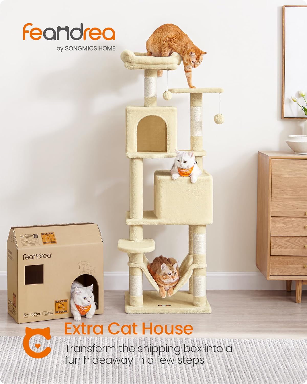 feandrea cat tree, 59.5-inch tall cat tower, plush multi-level condo with 5 scratching posts, 2 perches, 2 caves, hammock, 2 pompoms, beige upct192m01 59.5 inches beige
