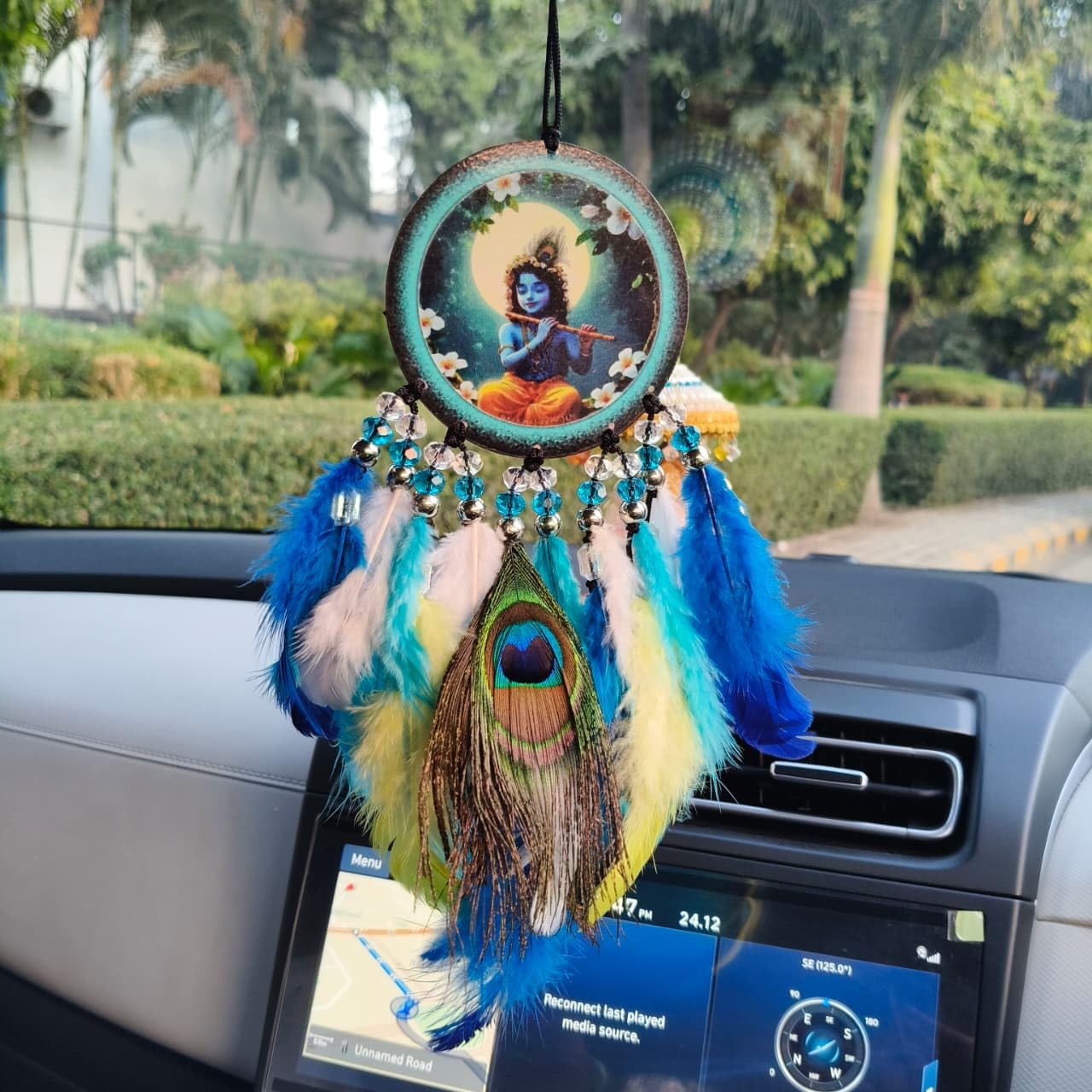 Artsy Soul Two Sided Krishna Car Hanging | Acrylic Krishna Dreamcatcher | Spiritual Car Accessories | Lord Krishna Decor | Rear View Mirror Hanging | Total Length - 9 inches | 1 Piece-image-29