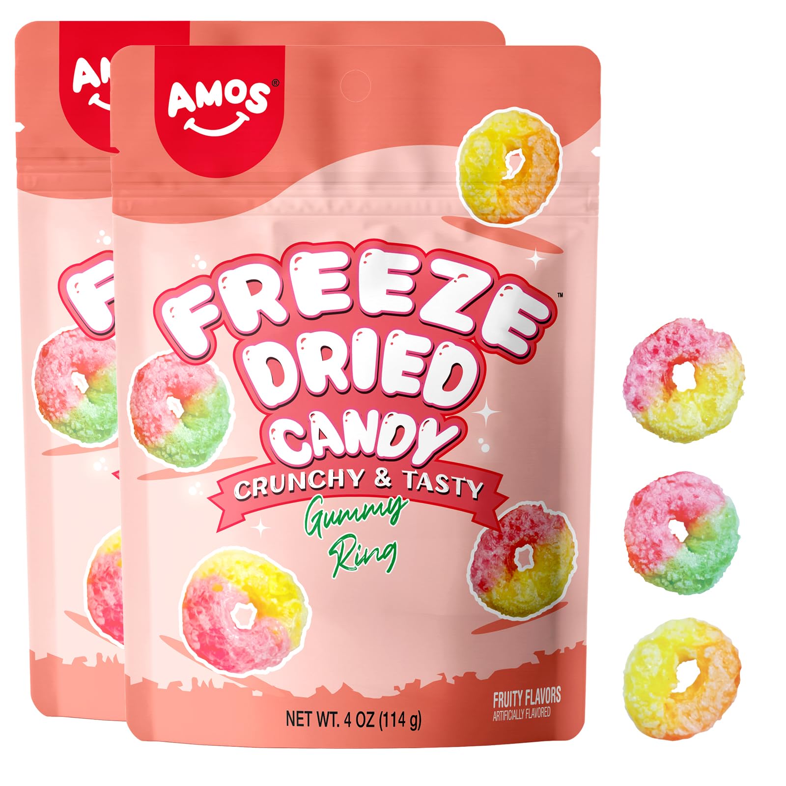 Amos Freeze Dried Gummy Rings, Premium Crunchy Fruit-Flavored Candy, Fat-Free & Gluten-Free, Resealable 8oz Bag Crunch Snack Treats