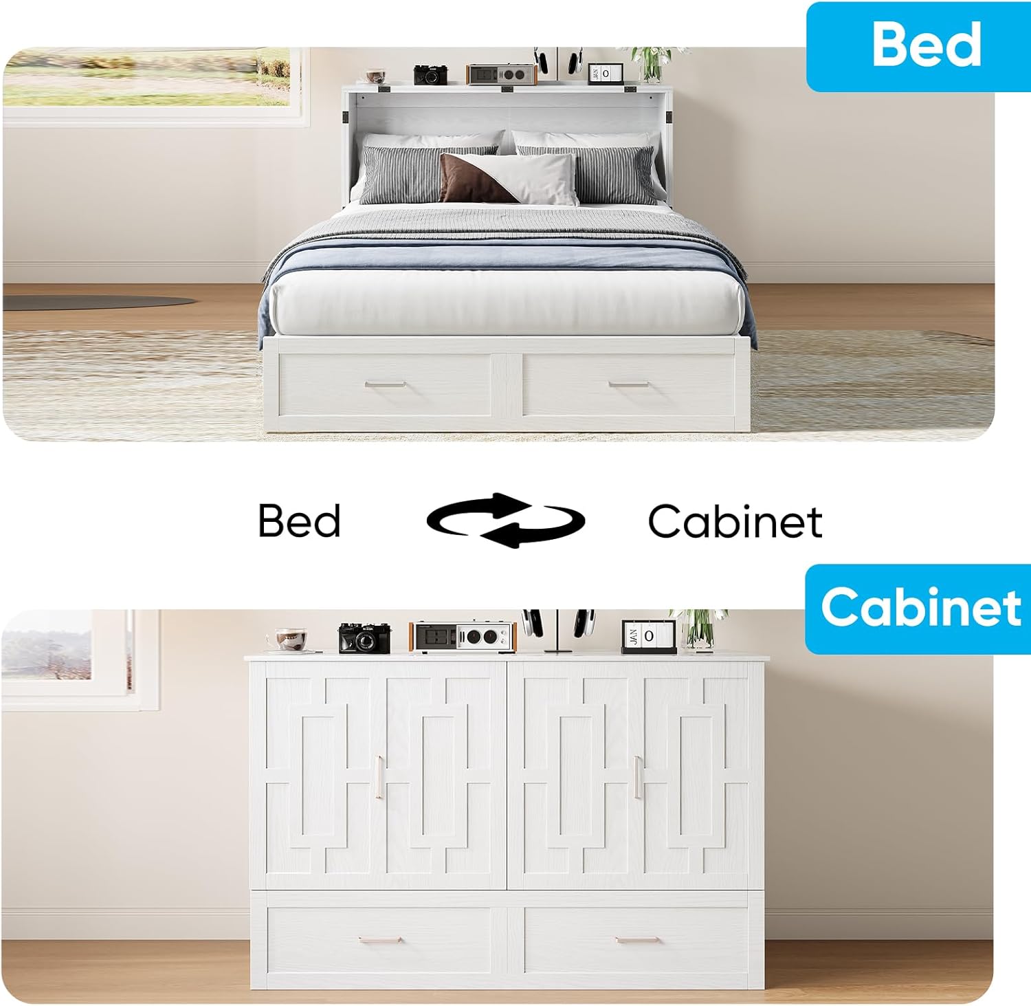 Mjkone 64" Width Queen Size Murphy Bed Cabinet with USB Charging Station, Guest Cabinets Bed with Large Drawers, Cube Cabinet Chest Beds for Bedroom, Home Office, Mattress Not Included, White