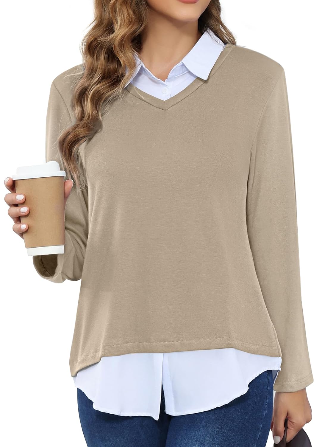 MISS FORTUNE Womens V-Neck Fall Winter Sweater Collar 2 in 1 Casual Long Sleeve Patchwork Office Pullover Shirts